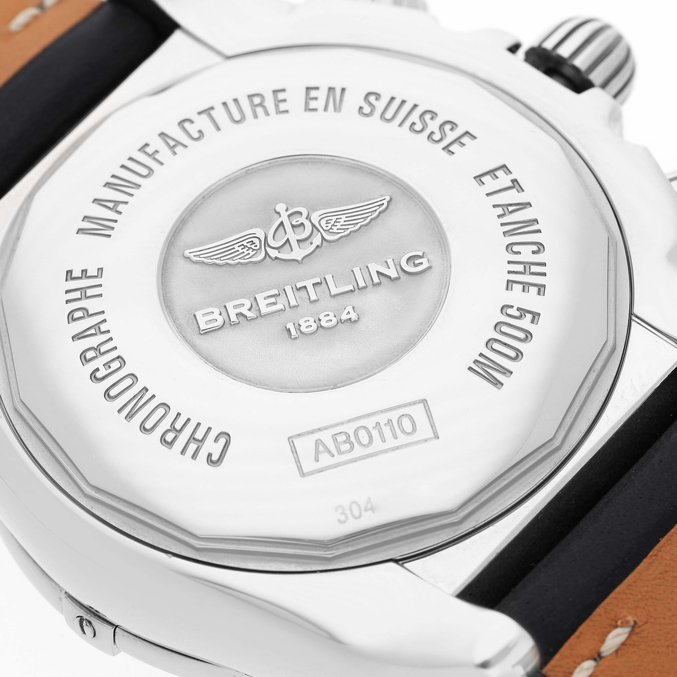 The image shows the back case of a Breitling Chronomat AB0110 Men's Stainless Steel Black Dial watch, highlighting the brand logo and model details.