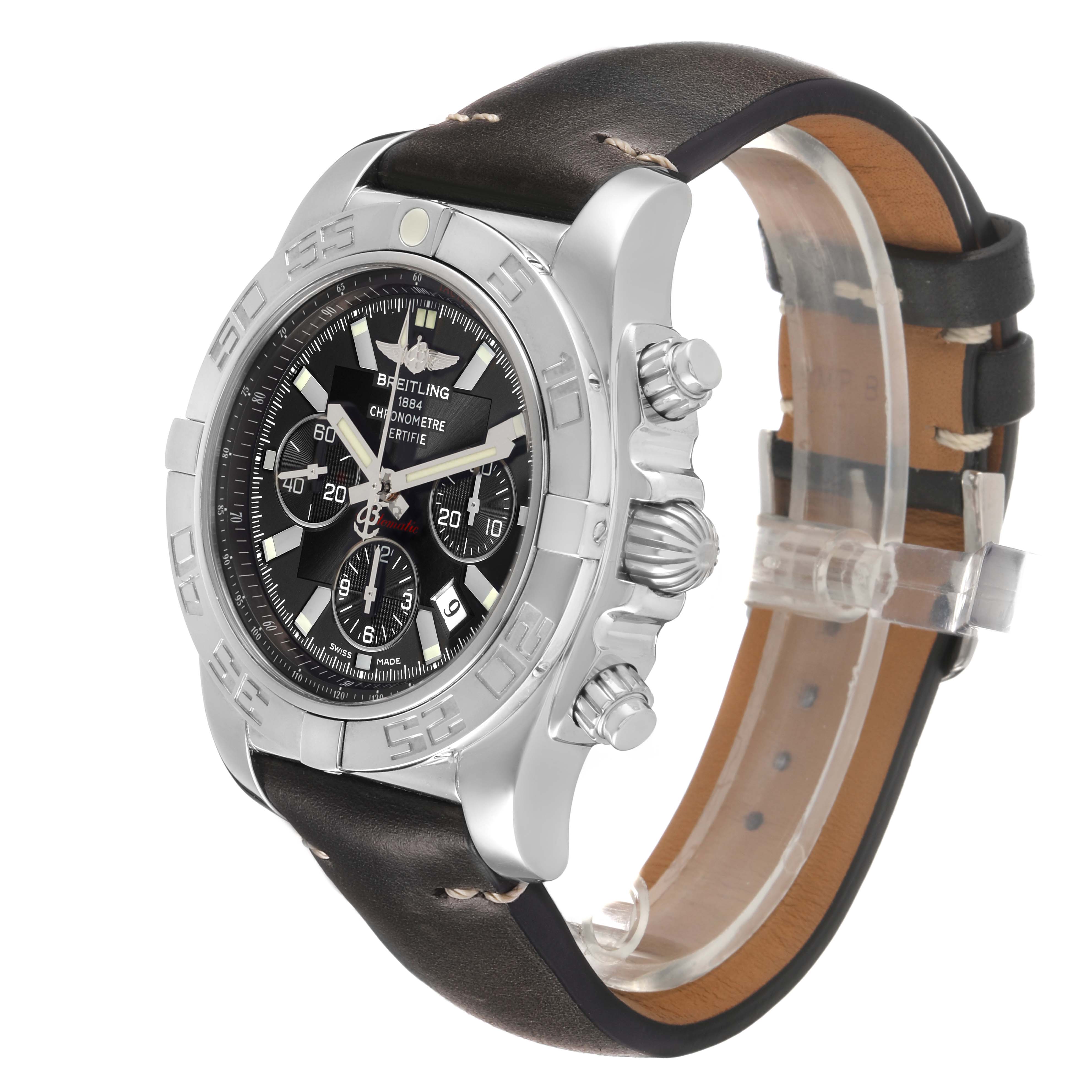 The Breitling Chronomat AB0110 Men's Stainless Steel Black Dial watch is shown from a three-quarter angle, displaying the dial, bezel, and side buttons in detail.