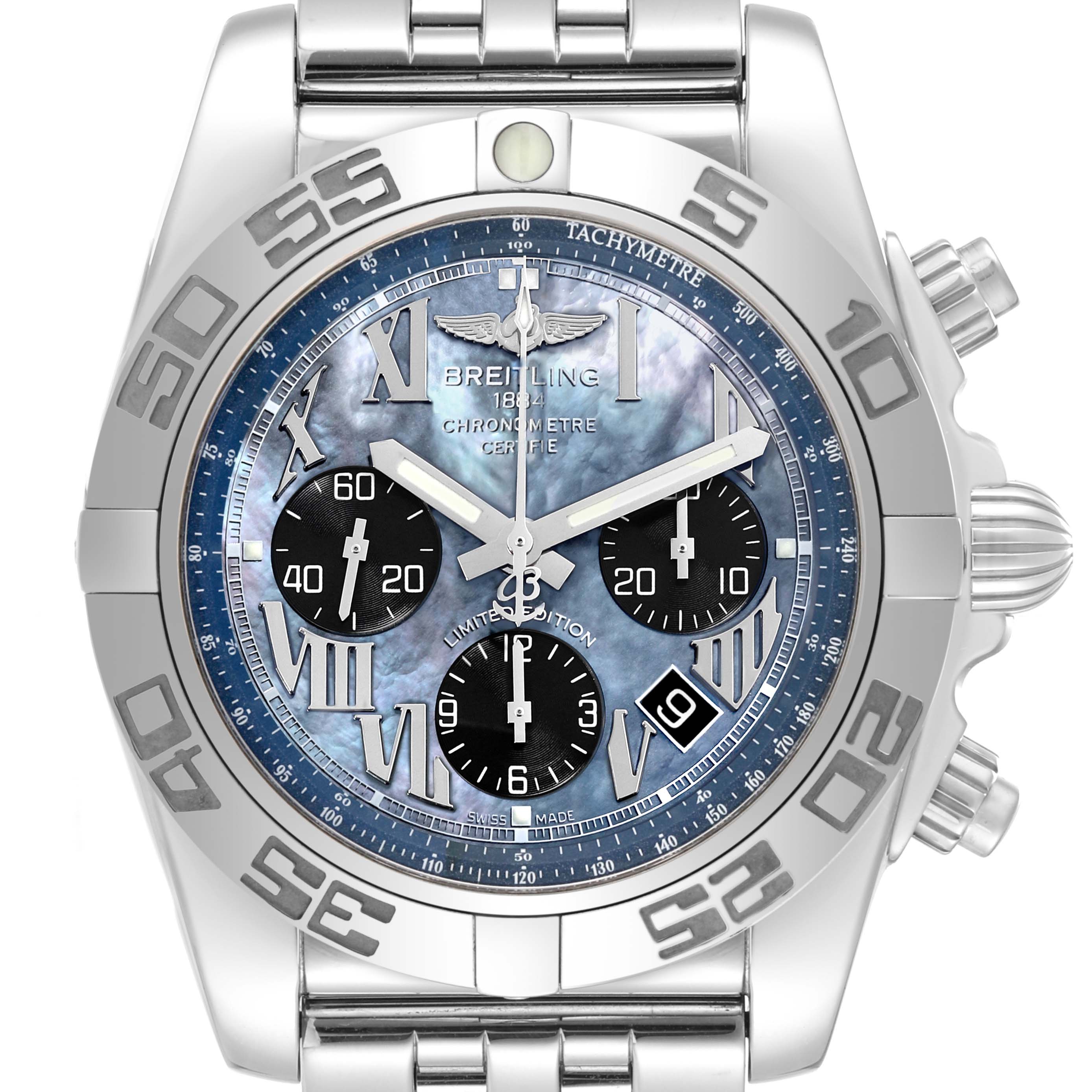 The image shows a front view of the Breitling Chronomat AB01111A/BG64 Men's Stainless Steel Mother of Pearl Dial AB01111A/BG64 Men's Stainless Steel Mother of Pearl Dial watch, highlighting its face, bezel, dial, subdials, and part of the bracelet.