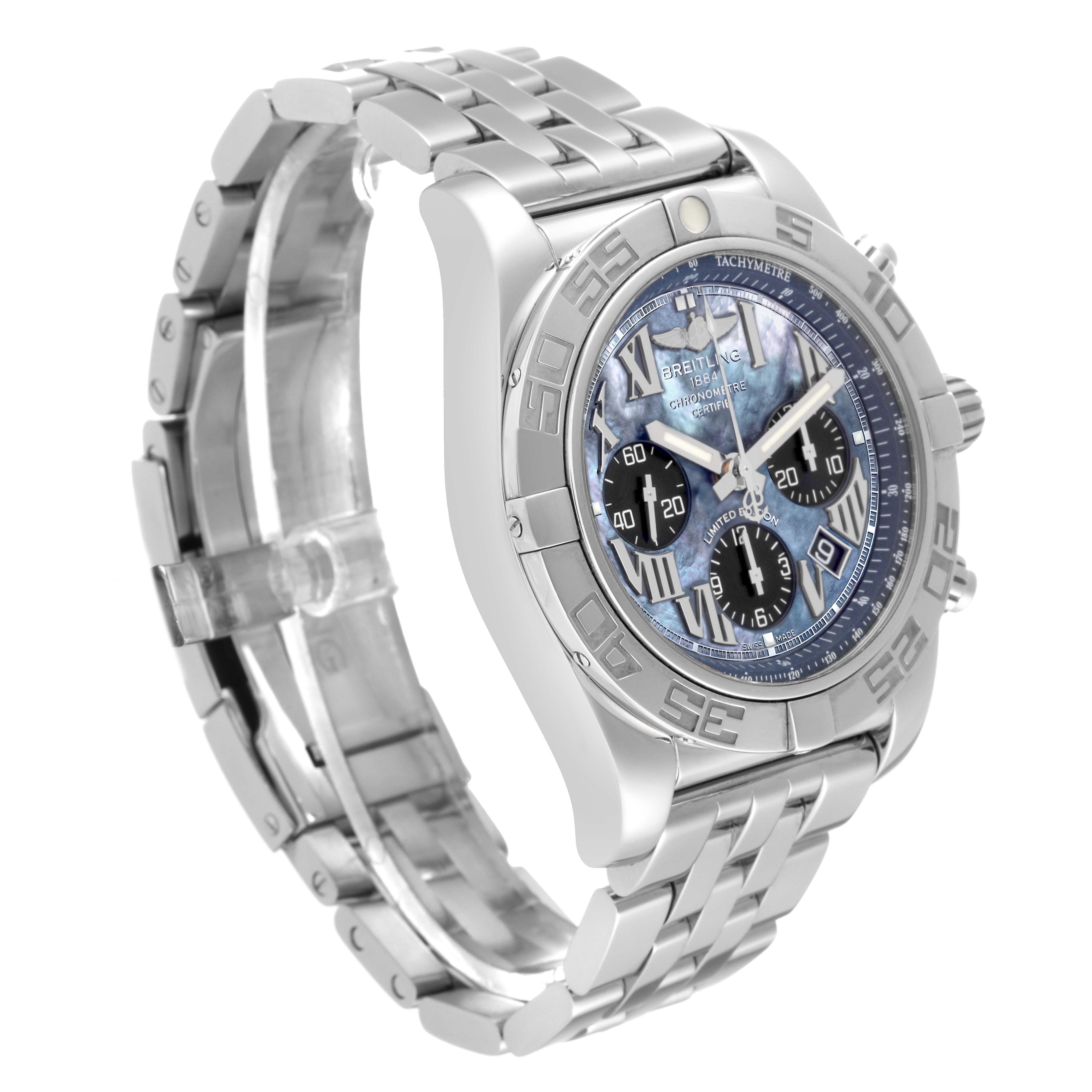 The Breitling Limited Series watch is shown at an angled side view, displaying its face, bezel, and bracelet.