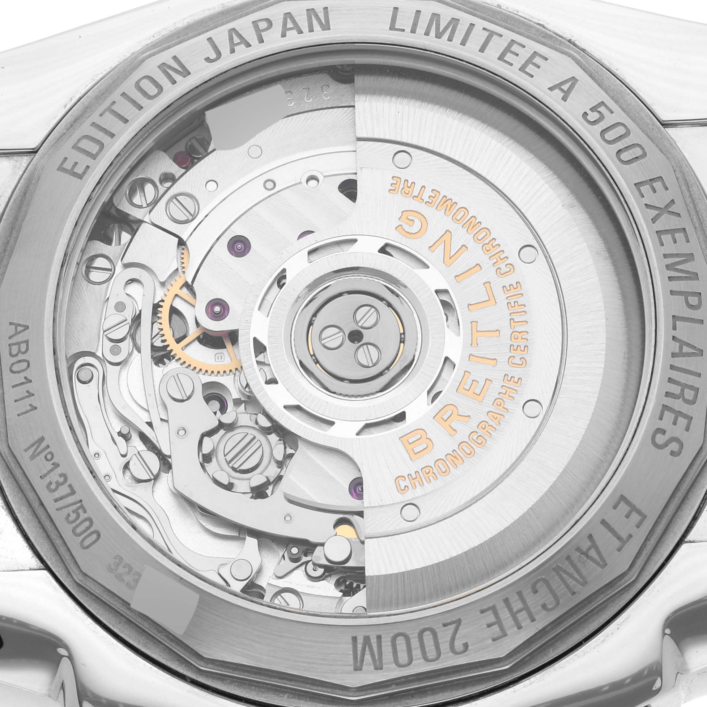 The image shows the back view of a Breitling Limited Series watch, highlighting its intricate internal mechanism.