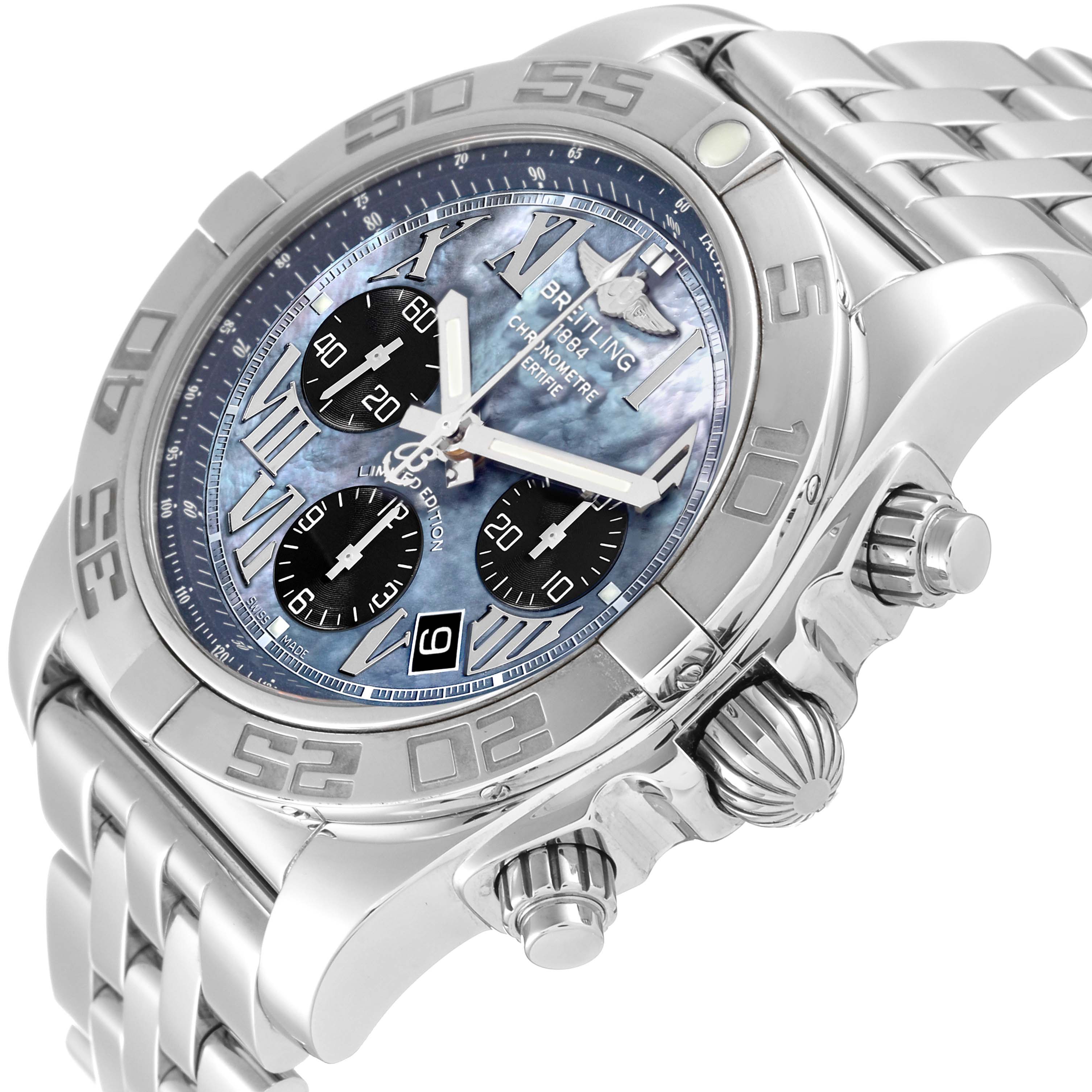 The Breitling Limited Series watch is shown from a three-quarter view, highlighting the face, crown, and metal bracelet.