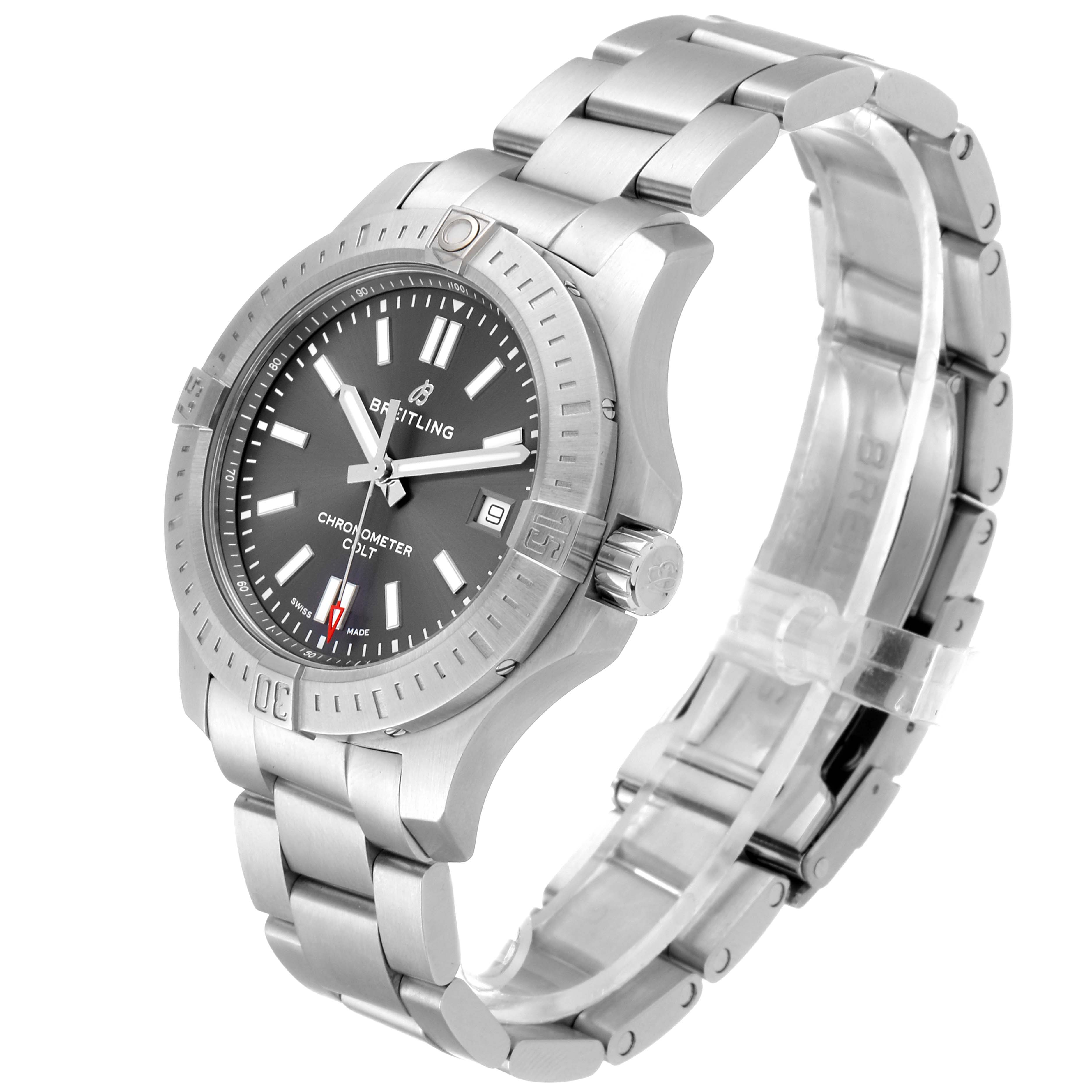 This image shows a Breitling Colt A17313 Men
s Stainless Steel Grey Dial A17313 Men
s Stainless Steel Grey Dial watch featuring a stainless steel case, bracelet, and a black dial viewed from a slightly right-side angle.