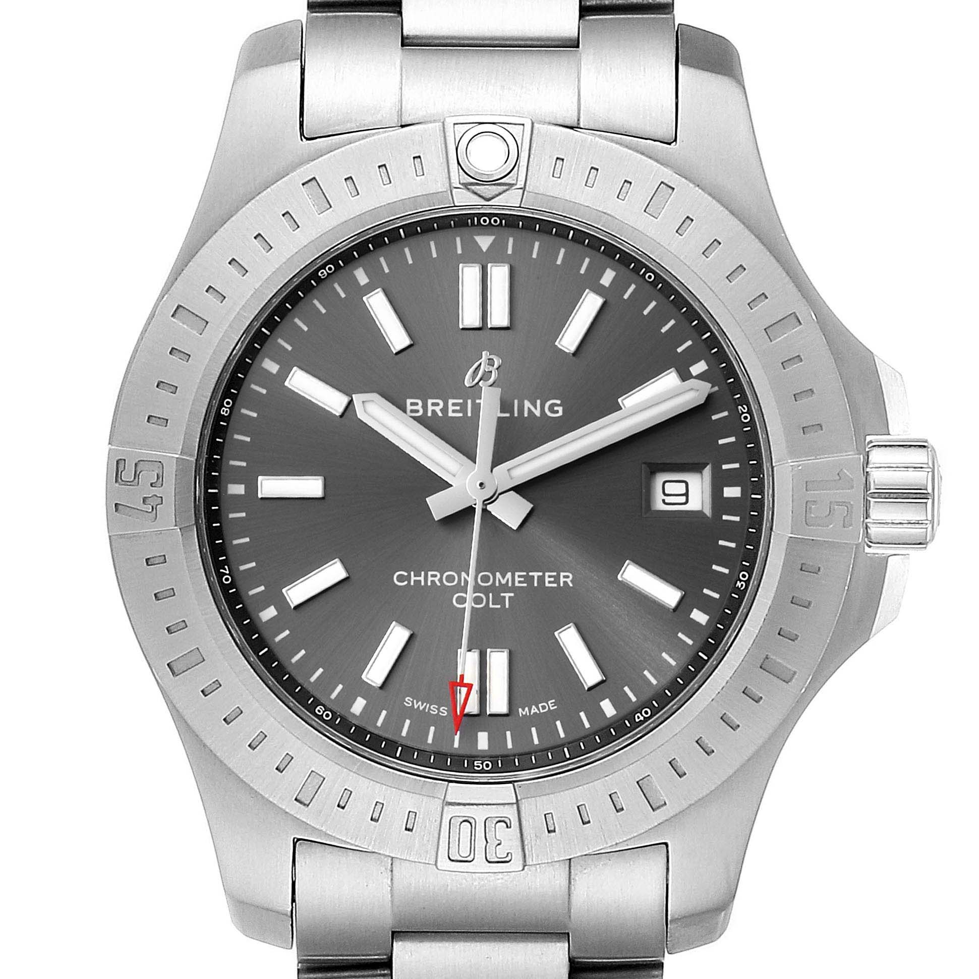 The Breitling Colt A17313 Men
s Stainless Steel Grey Dial A17313 Men
s Stainless Steel Grey Dial watch is shown from the front, displaying the dial, bezel, hands, date window, and part of the bracelet.