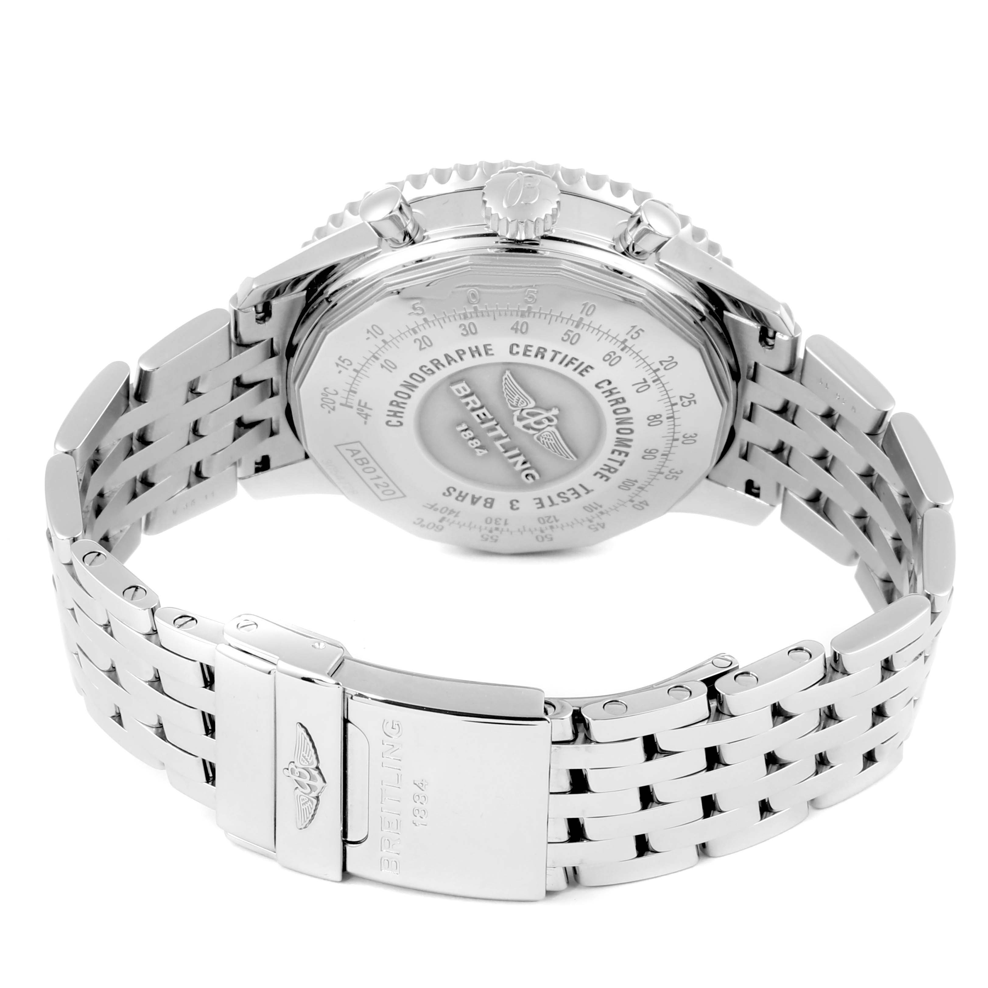 The image shows the back case and bracelet of a Breitling Navitimer AB012721-BD09-453A Men's Stainless Steel Black Dial AB012721-BD09-453A Men's Stainless Steel Black Dial watch, highlighting the brand engraving and clasp mechanism.