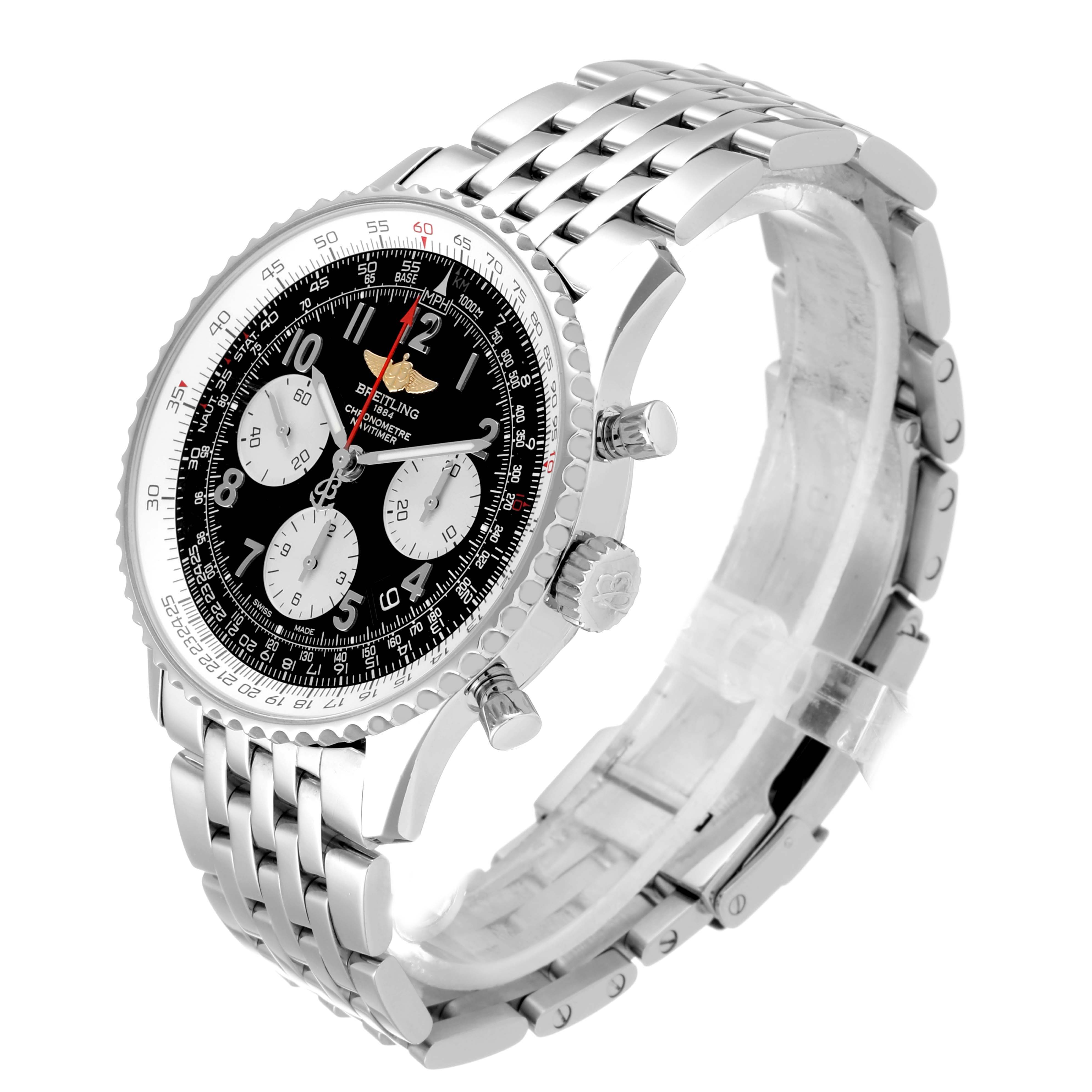 The Breitling Navitimer AB012721-BD09-453A Men's Stainless Steel Black Dial AB012721-BD09-453A Men's Stainless Steel Black Dial watch is shown at a slight angle, highlighting its detailed face, bezel, crowns, and metal bracelet.