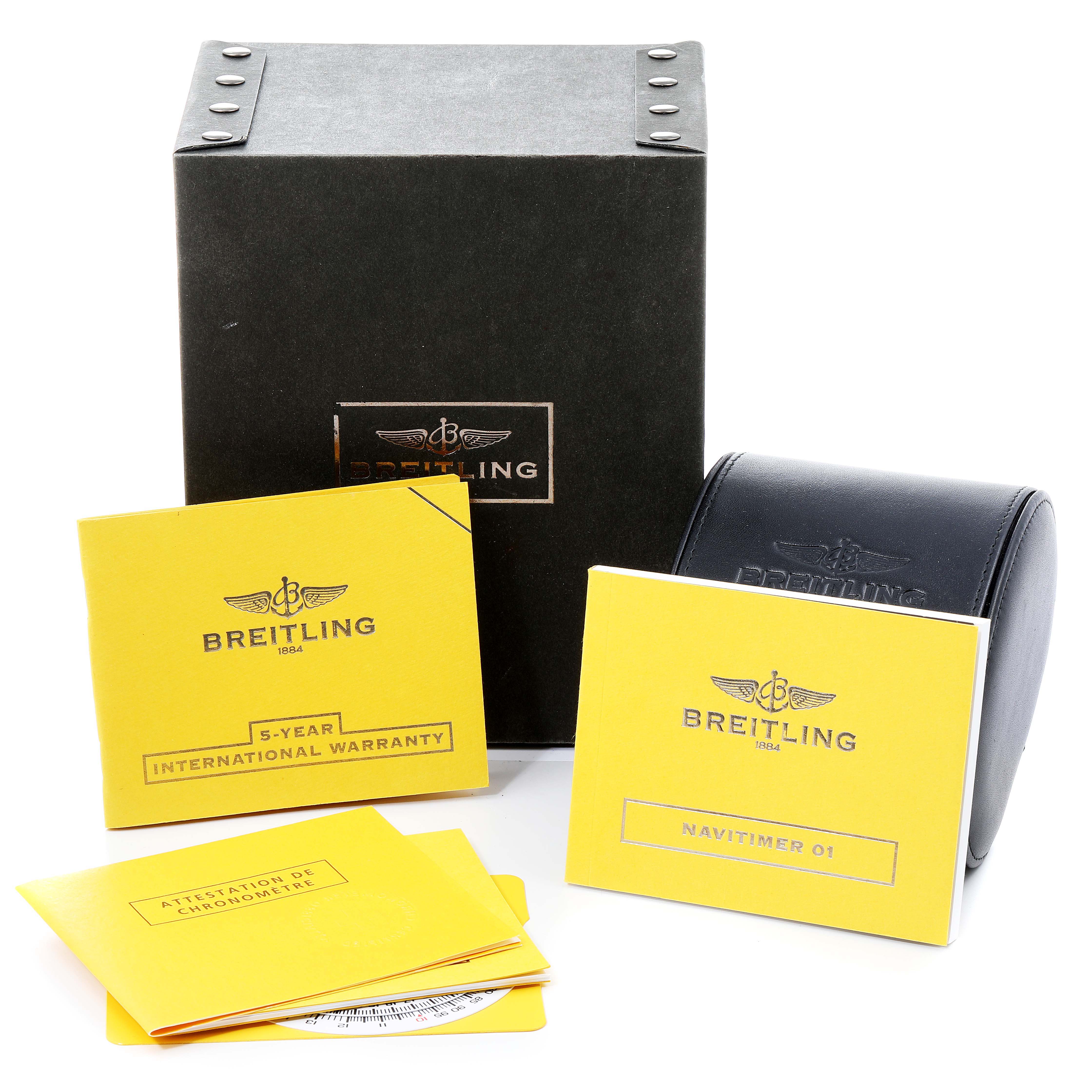 The image shows the packaging, user manuals, warranty card, and case for a Breitling Navitimer AB012721-BD09-453A Men's Stainless Steel Black Dial AB012721-BD09-453A Men's Stainless Steel Black Dial watch.