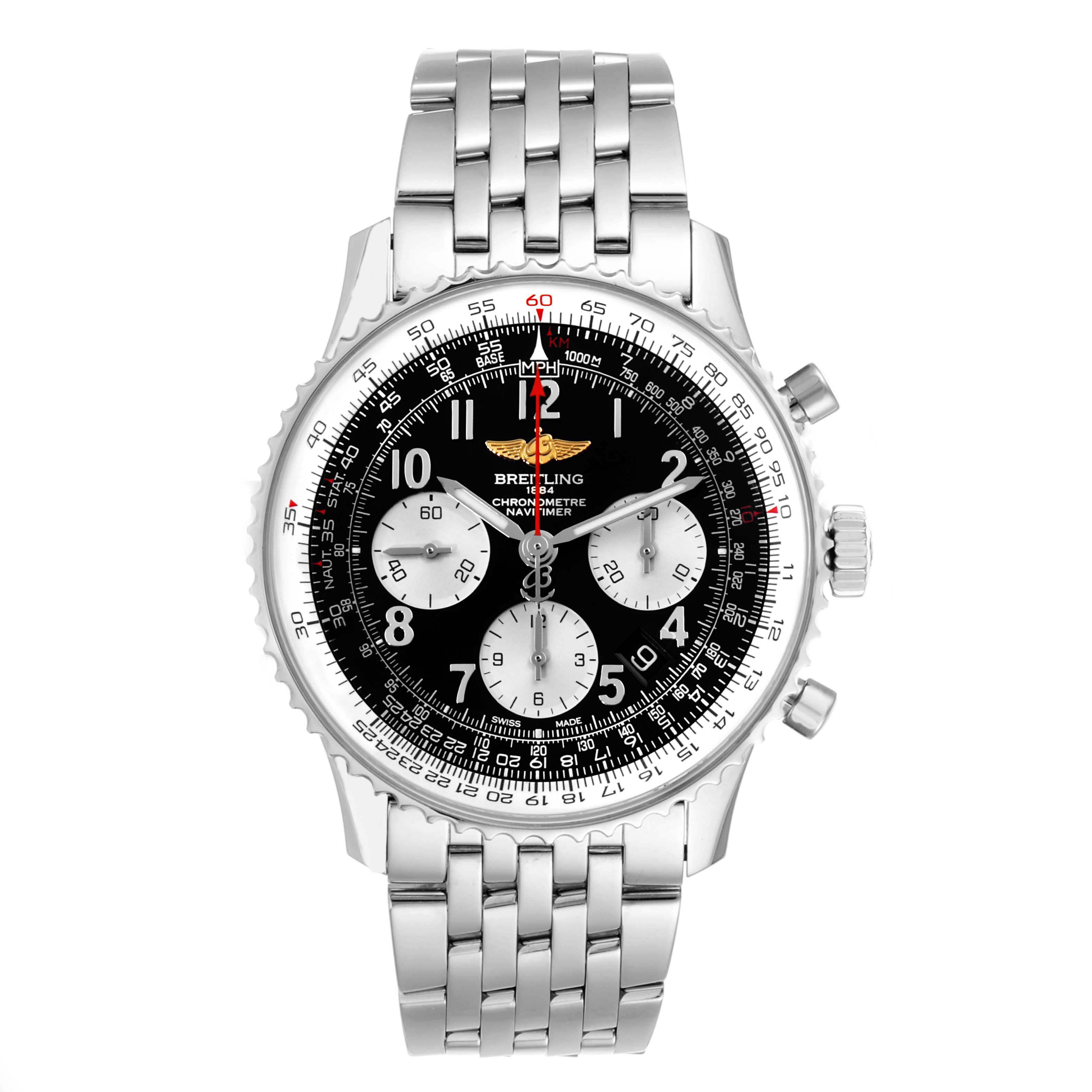 The Breitling Navitimer AB012721-BD09-453A Men's Stainless Steel Black Dial AB012721-BD09-453A Men's Stainless Steel Black Dial watch is shown from a top-down angle, displaying the face and metal bracelet.