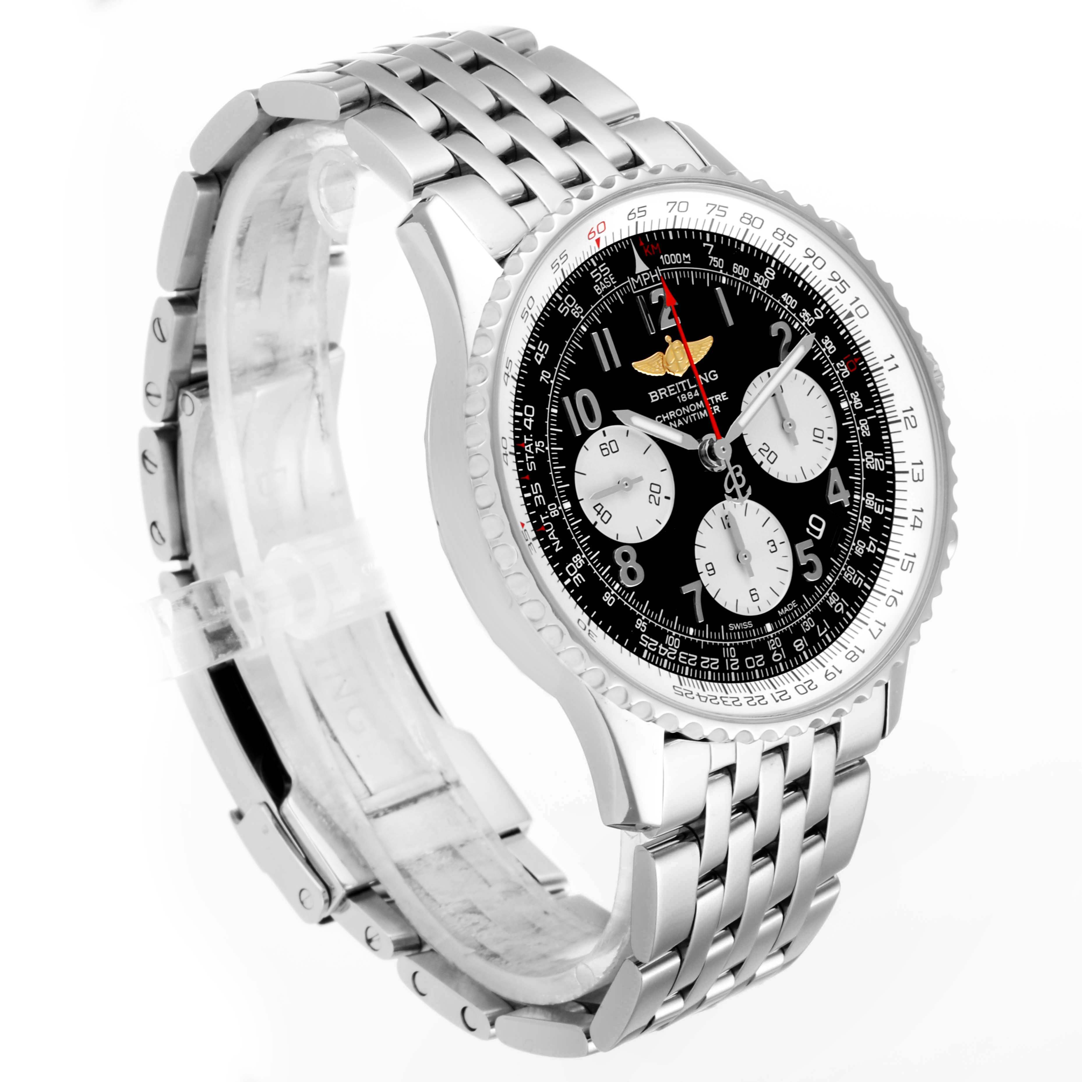 The Breitling Navitimer AB012721-BD09-453A Men's Stainless Steel Black Dial AB012721-BD09-453A Men's Stainless Steel Black Dial watch is shown from a side angle, displaying the dial, bracelet, and clasp.
