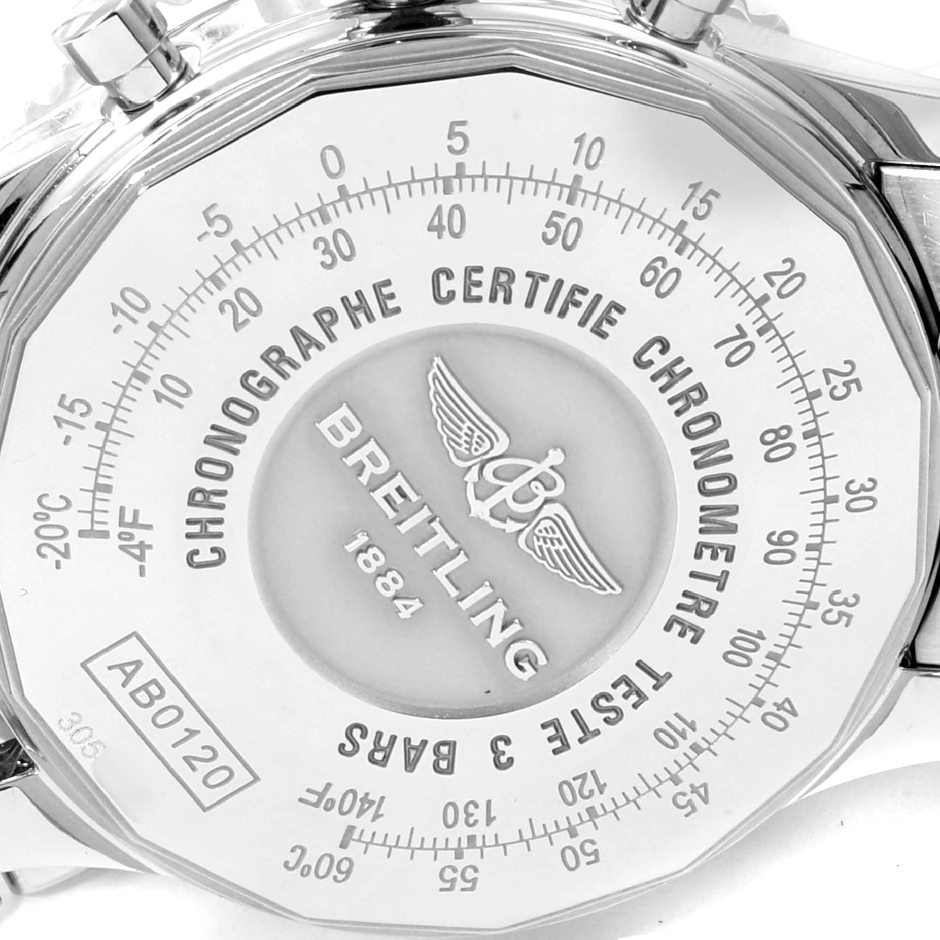 The image shows the backside of a Breitling Navitimer AB012721-BD09-453A Men's Stainless Steel Black Dial AB012721-BD09-453A Men's Stainless Steel Black Dial watch, highlighting the engraved logo and specifications.