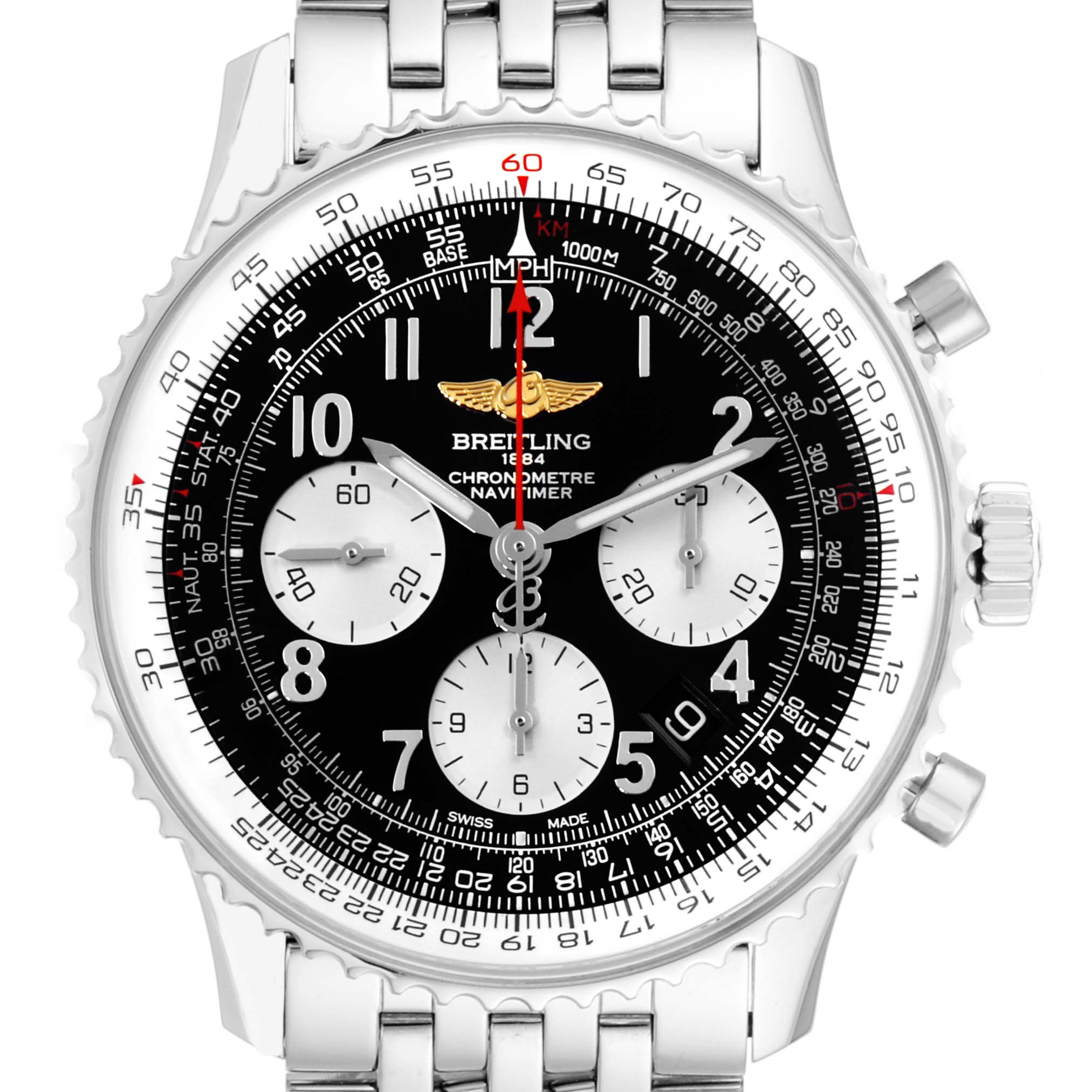 This image shows a frontal view of a Breitling Navitimer AB012721-BD09-453A Men's Stainless Steel Black Dial AB012721-BD09-453A Men's Stainless Steel Black Dial watch, featuring its face, bezel, and steel bracelet.