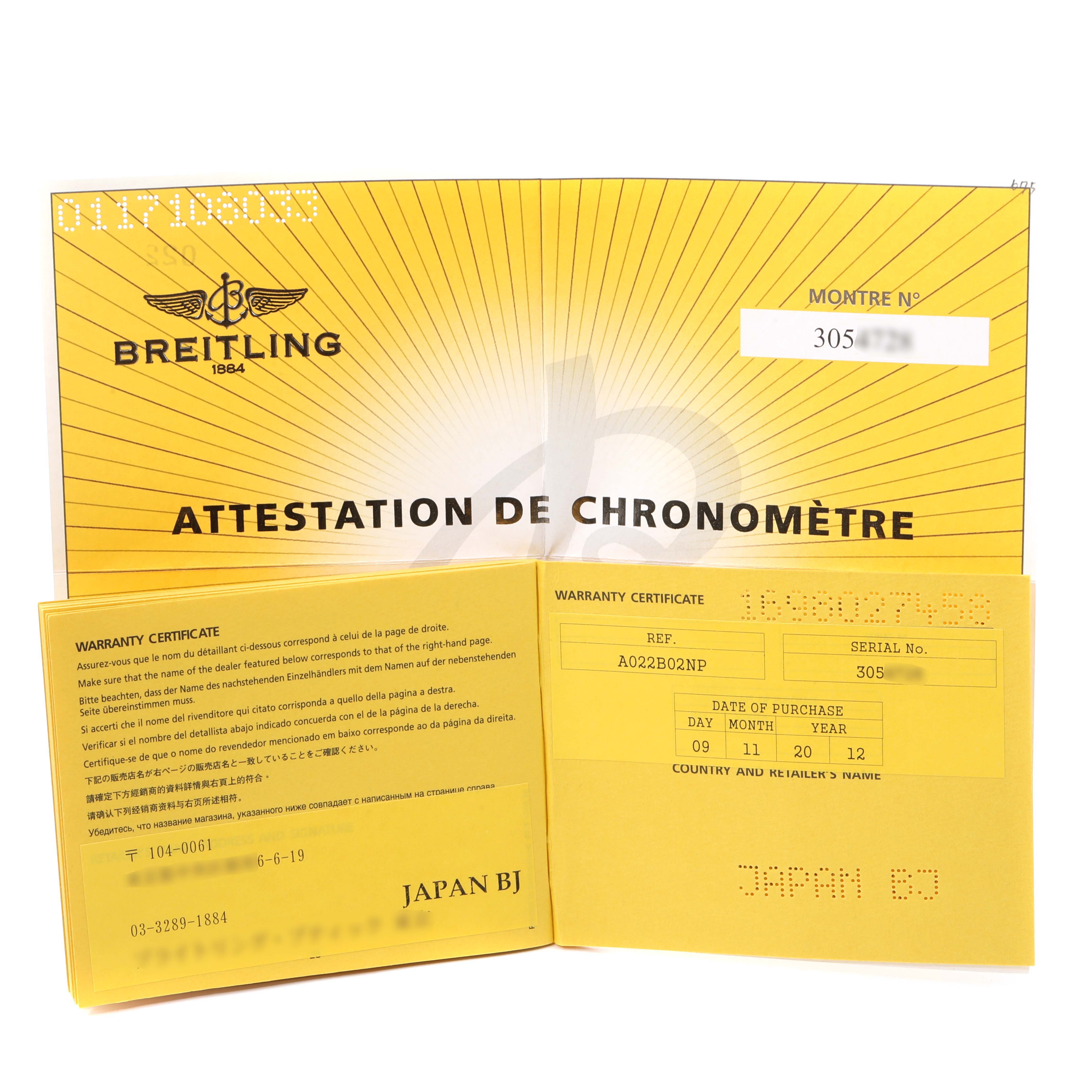 The image shows the warranty certificate and chronometer attestation for the Breitling Navitimer AB012721-BD09-453A Men's Stainless Steel Black Dial AB012721-BD09-453A Men's Stainless Steel Black Dial model.