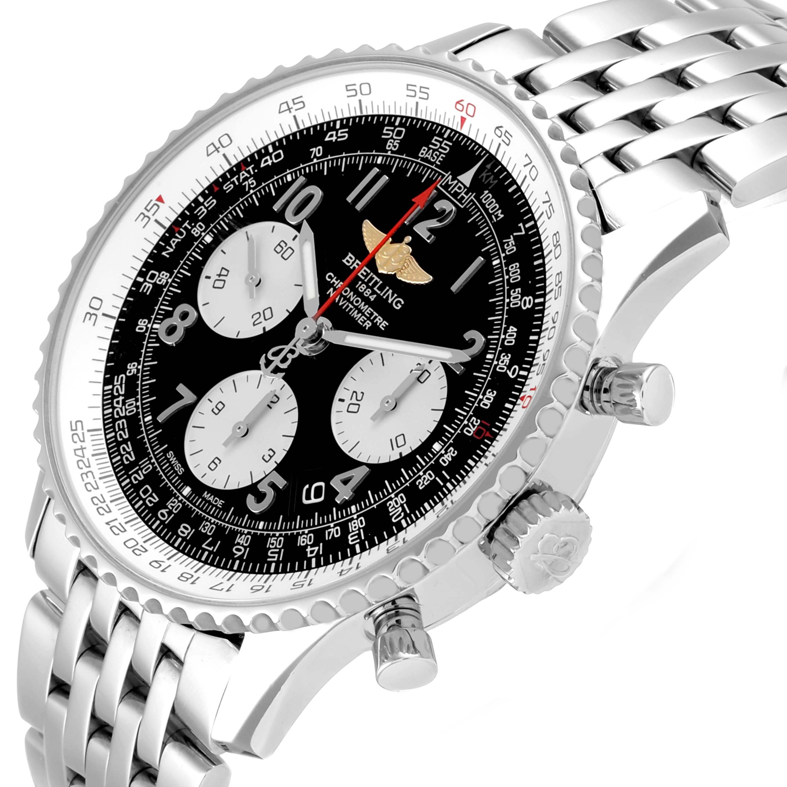 This image shows a close-up, angled view of the face and side of a Breitling Navitimer AB012721-BD09-453A Men's Stainless Steel Black Dial AB012721-BD09-453A Men's Stainless Steel Black Dial watch, including the bezel, chronograph dials, and bracelet.