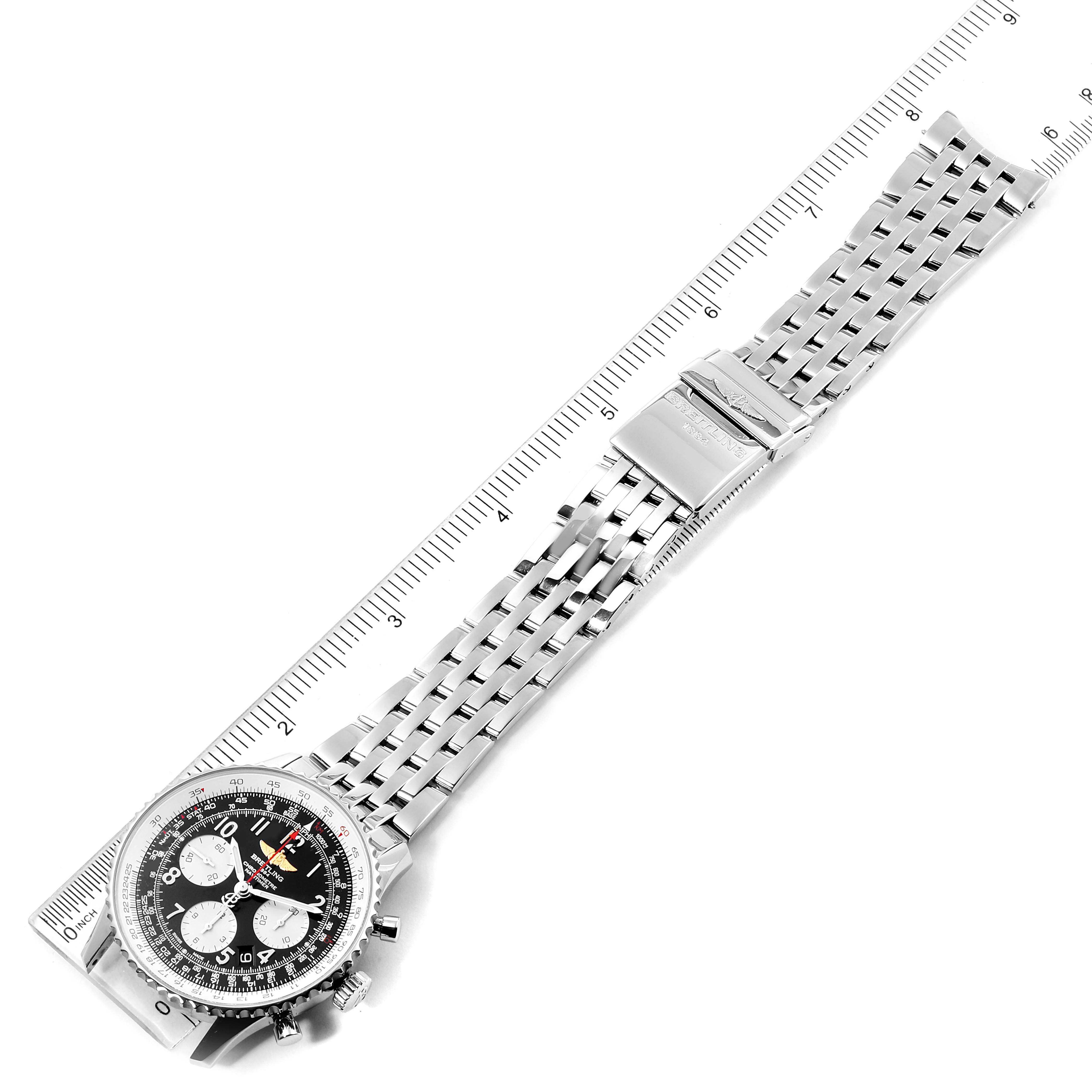 The image shows a top view of a Breitling Navitimer AB012721-BD09-453A Men's Stainless Steel Black Dial AB012721-BD09-453A Men's Stainless Steel Black Dial watch, highlighting its stainless steel bracelet and chronograph dial.