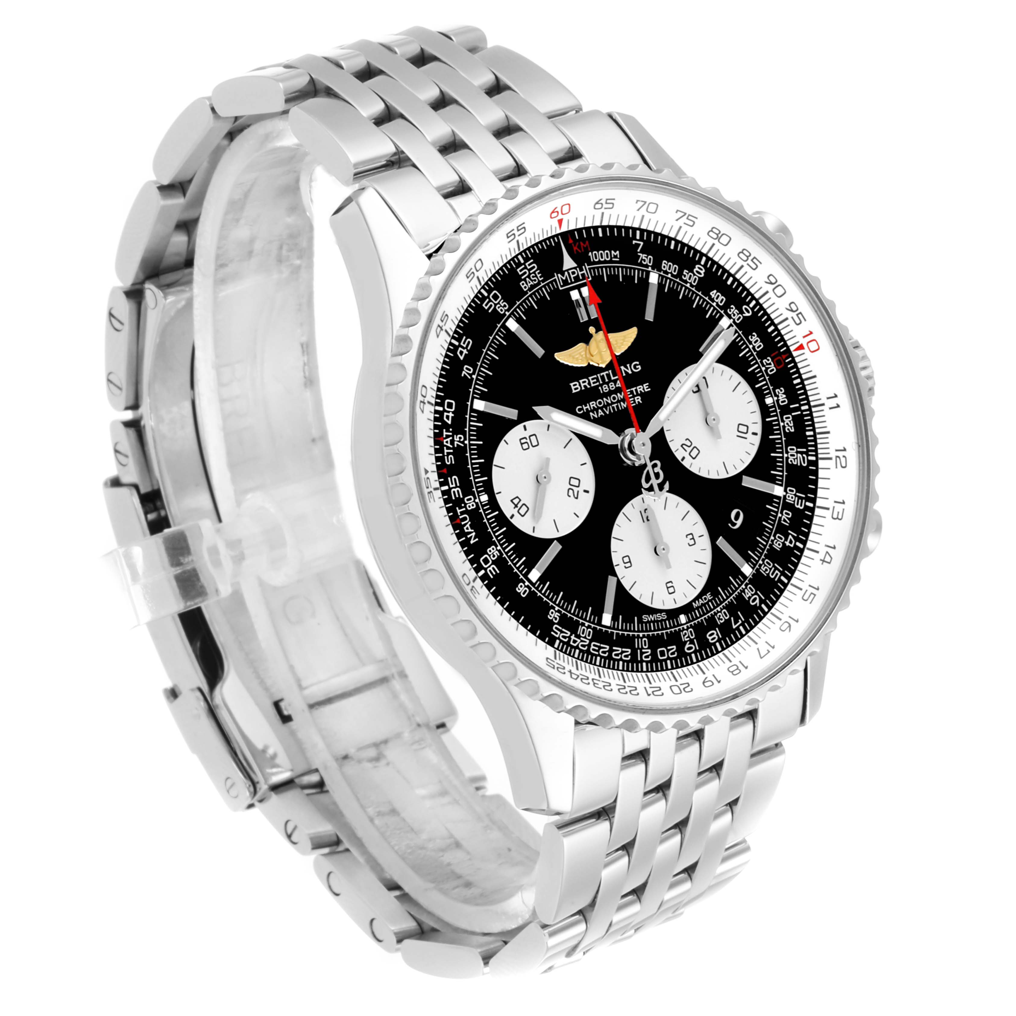 The image shows a Breitling Navitimer AB012721-BD09-453A Men's Stainless Steel Black Dial AB012721-BD09-453A Men's Stainless Steel Black Dial watch at a three-quarter angle, highlighting its detailed dial, bezel, and metal bracelet.