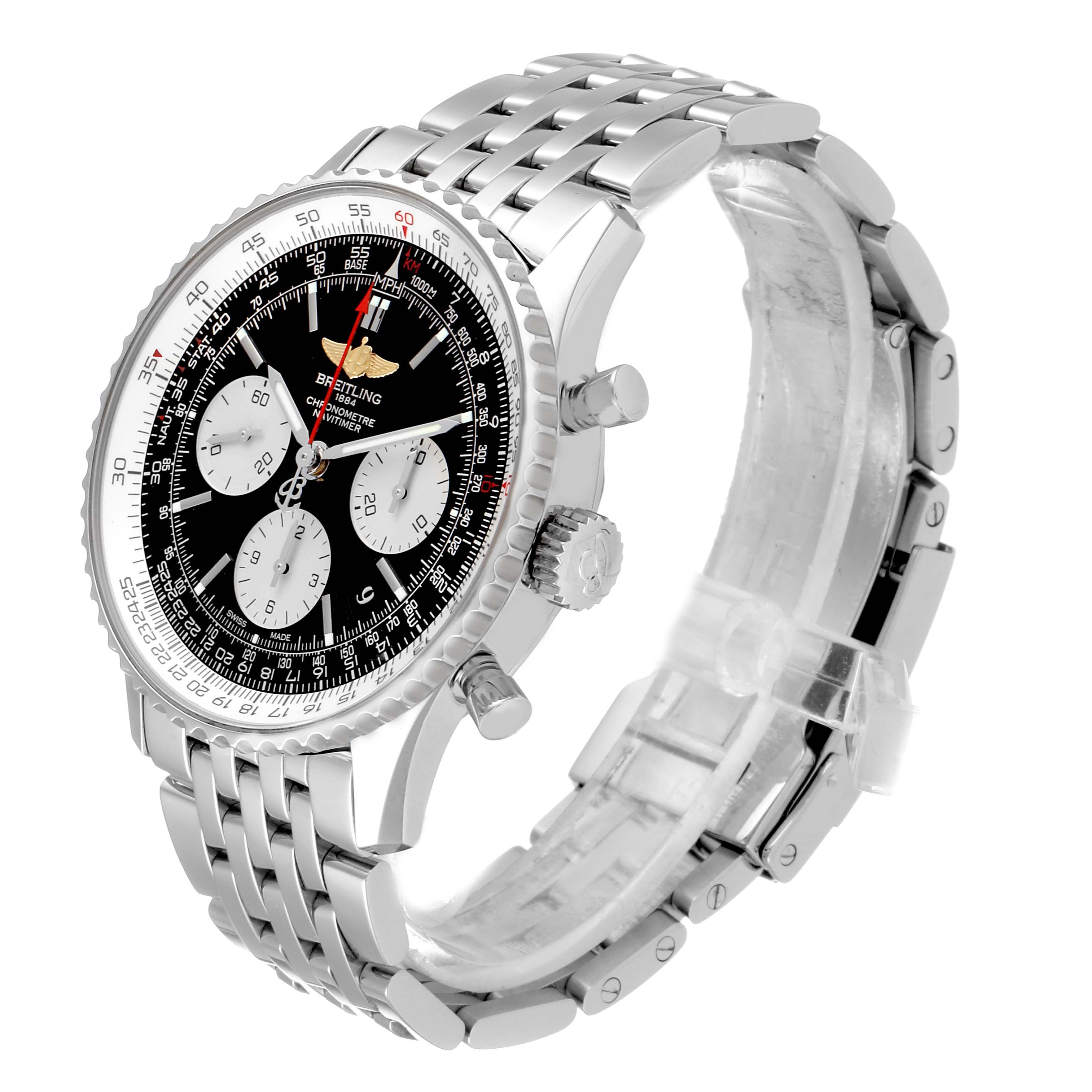 The Breitling Navitimer AB012721-BD09-453A Men's Stainless Steel Black Dial AB012721-BD09-453A Men's Stainless Steel Black Dial watch is shown at a three-quarter angle, highlighting the face, bezel, crown, pushers, and bracelet.