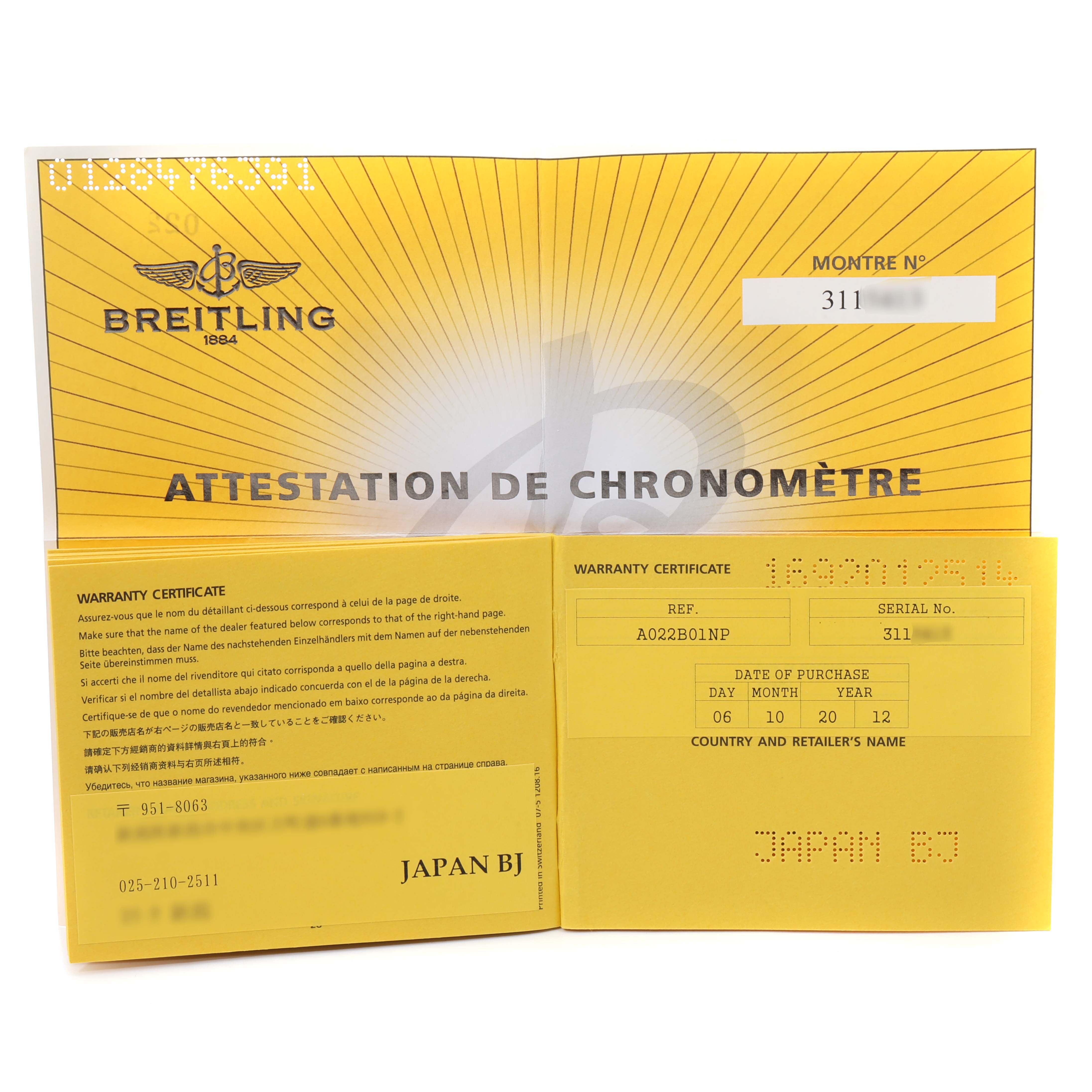 The image displays the warranty certificate and chronometer attestation for the Breitling Navitimer AB012721-BD09-453A Men's Stainless Steel Black Dial AB012721-BD09-453A Men's Stainless Steel Black Dial watch.