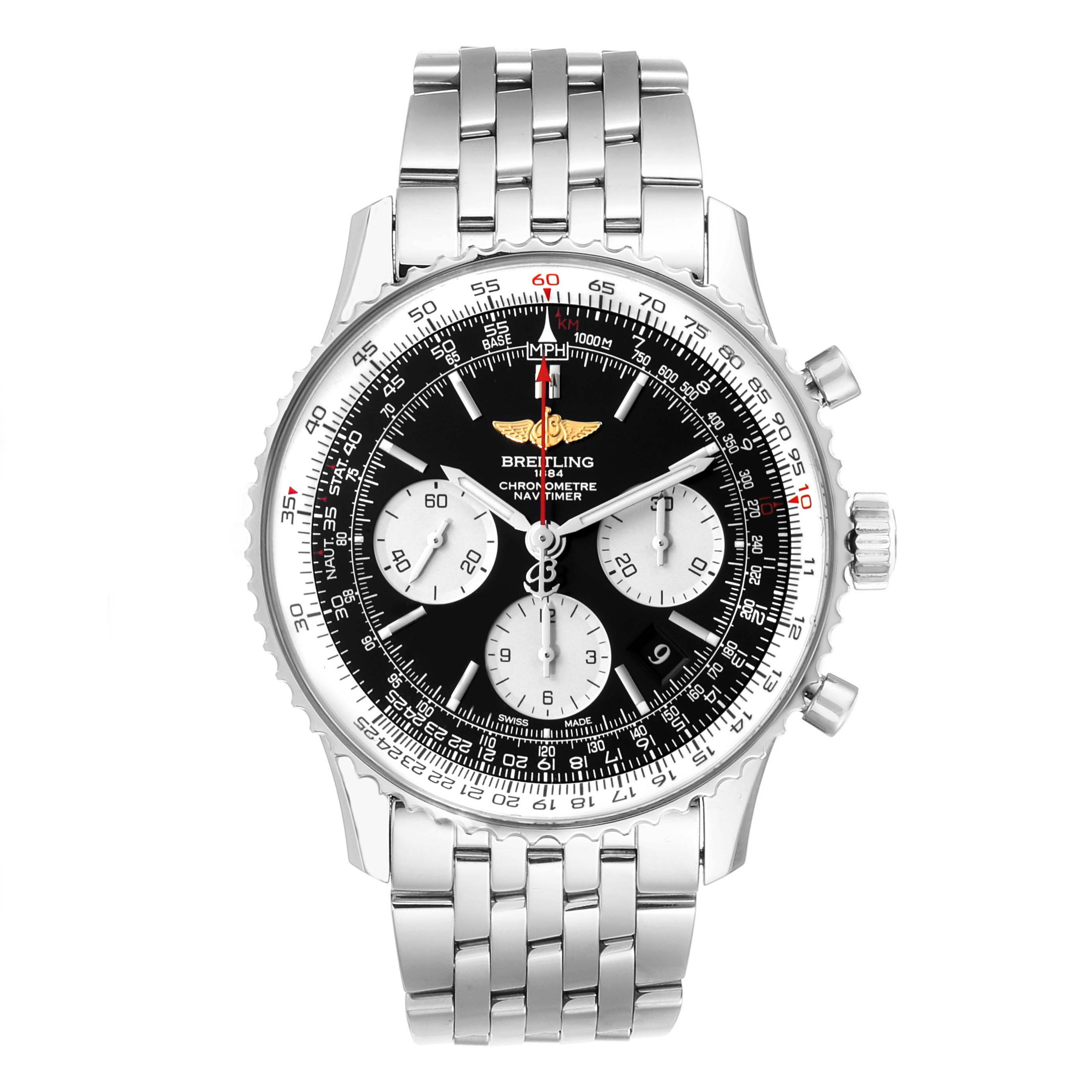 The image shows a front view of the Breitling Navitimer AB012721-BD09-453A Men's Stainless Steel Black Dial AB012721-BD09-453A Men's Stainless Steel Black Dial, highlighting the dial, bezel, crown, pushers, and stainless steel bracelet.