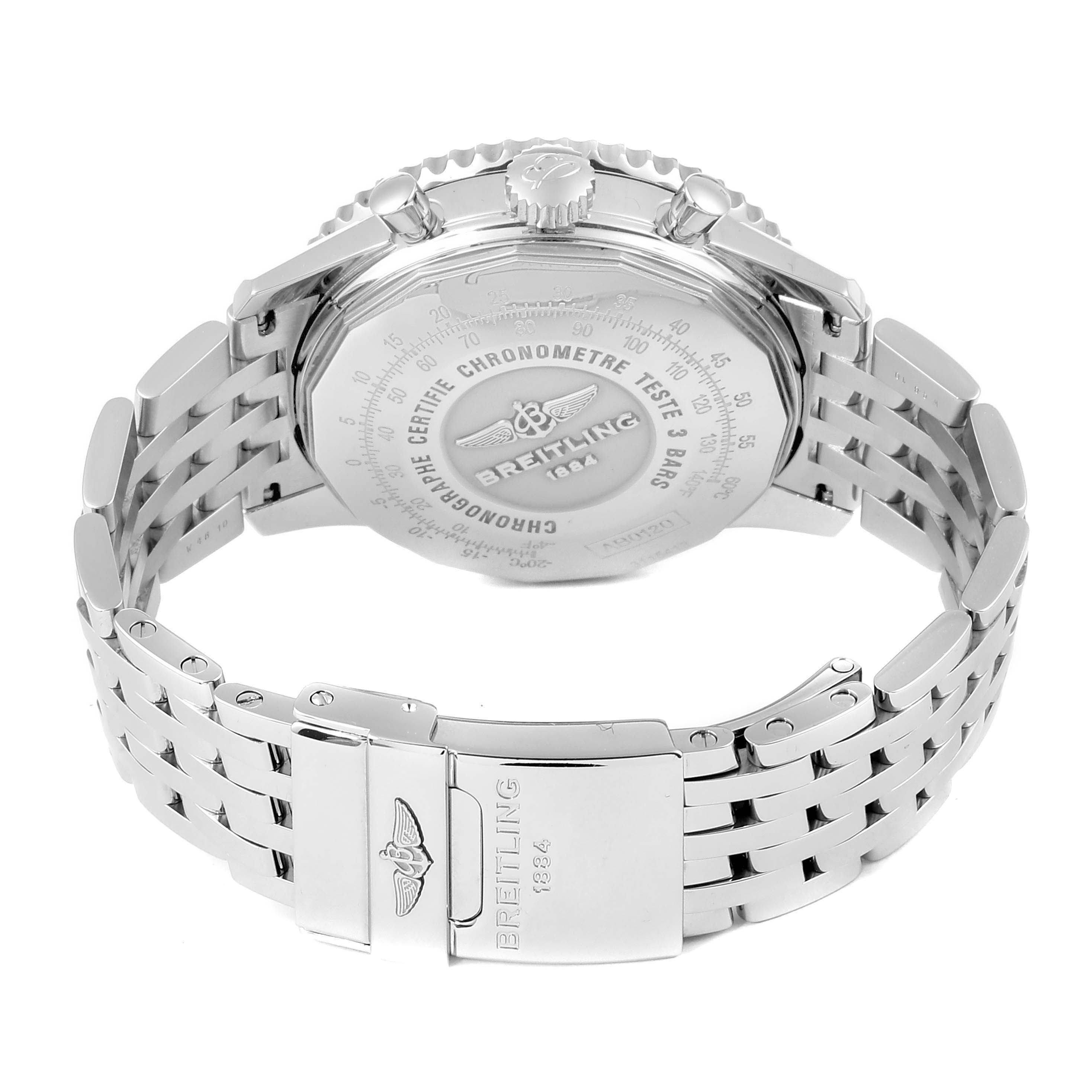 The image shows the back view of a Breitling Navitimer AB012721-BD09-453A Men's Stainless Steel Black Dial AB012721-BD09-453A Men's Stainless Steel Black Dial watch, highlighting the case back, crown, pushers, and metal bracelet with clasp.