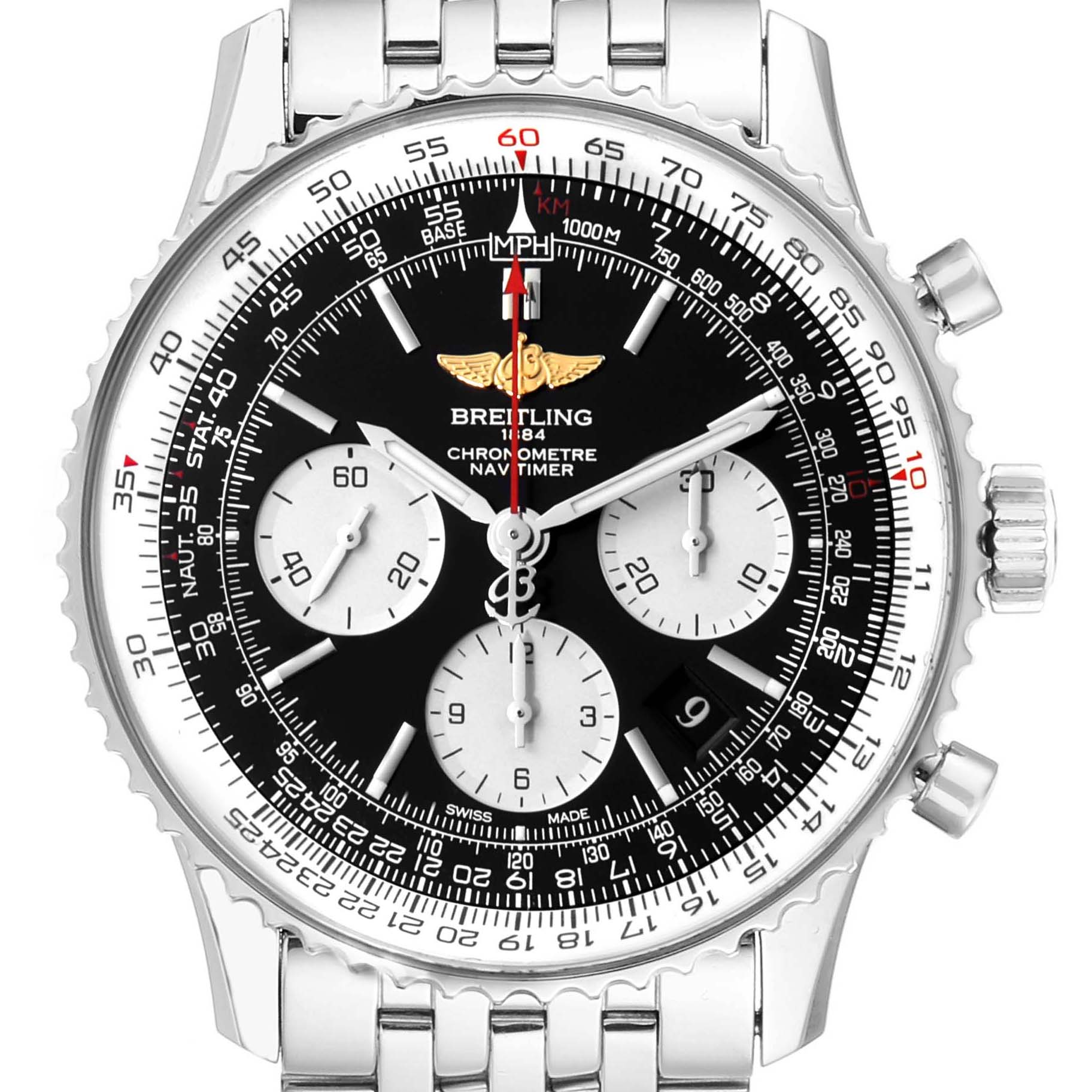 This image shows a close-up, frontal view of the Navitimer model by Breitling, detailing its dial, bezel, and bracelet attachments.