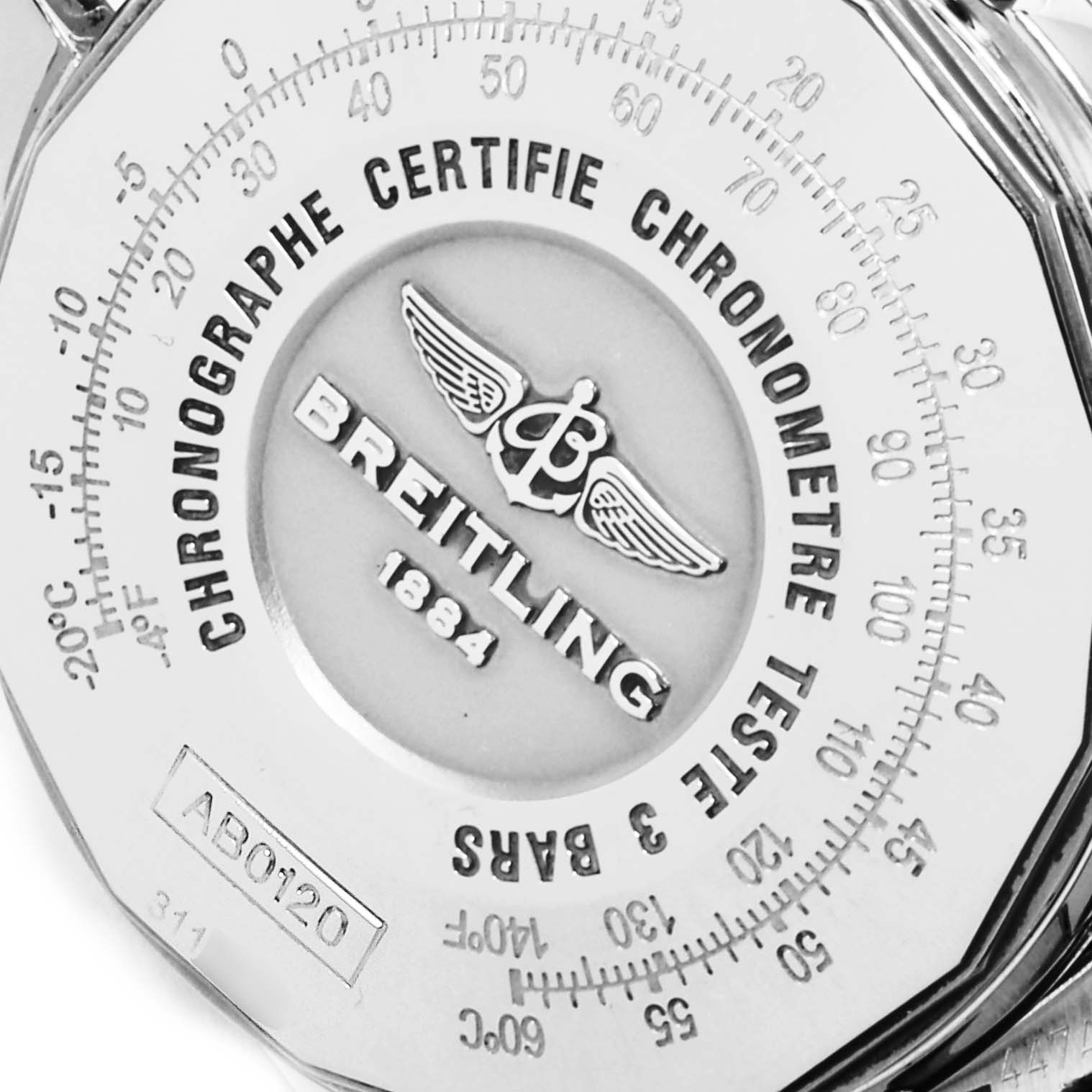 The image shows a close-up of the back case of a Breitling Navitimer AB012721-BD09-453A Men's Stainless Steel Black Dial AB012721-BD09-453A Men's Stainless Steel Black Dial watch, highlighting the brand logo and certification details.