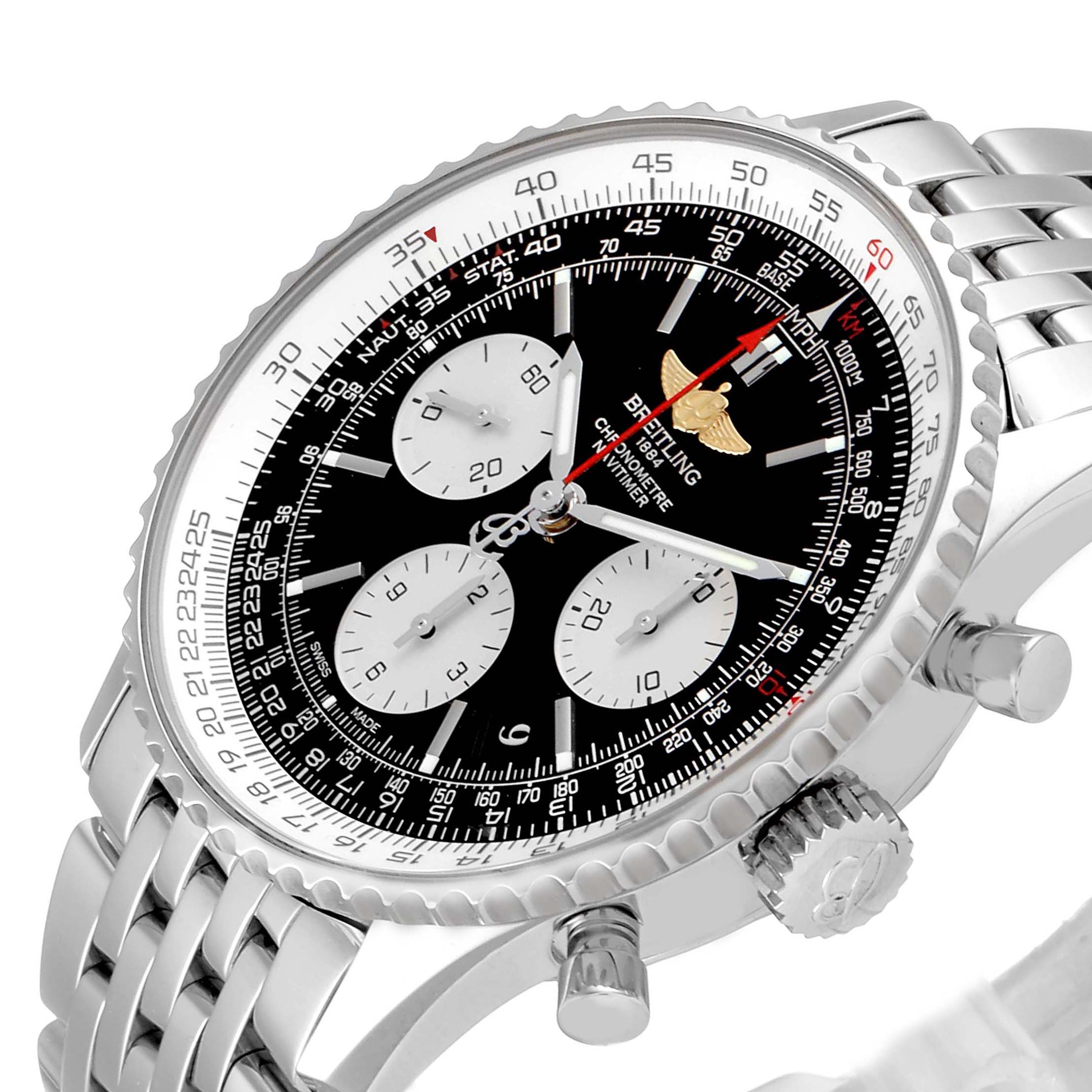 The image shows a Breitling Navitimer AB012721-BD09-453A Men's Stainless Steel Black Dial AB012721-BD09-453A Men's Stainless Steel Black Dial watch from an angled side view, highlighting the bezel, dial, and part of the metal bracelet.
