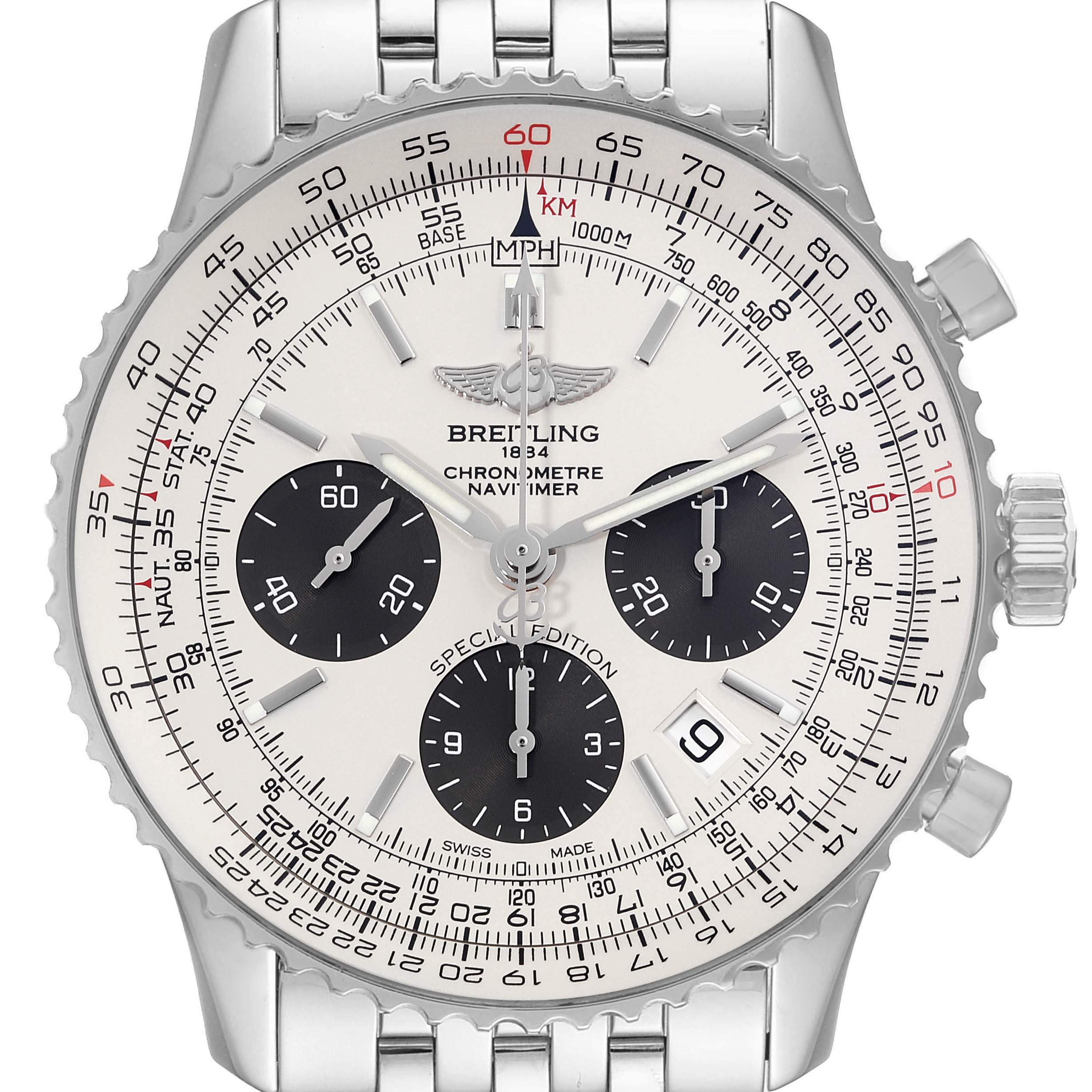 This image shows a front view of a Breitling Navitimer AB012012/G826 Men's Stainless Steel Silver Dial AB012012/G826 Men's Stainless Steel Silver Dial watch, highlighting the dial, bezel, and chronograph subdials.