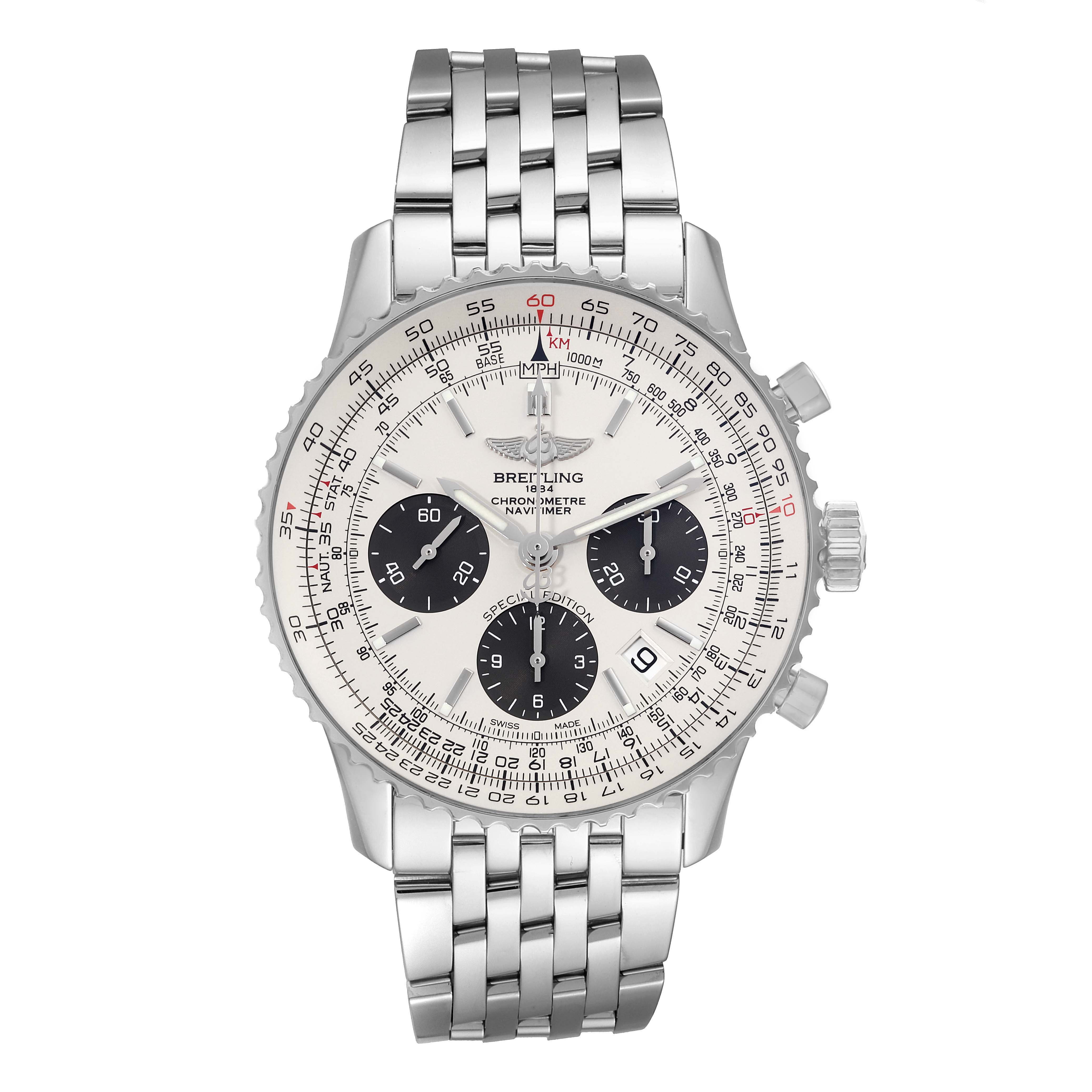 The image shows a frontal view of the Breitling Navitimer AB012012/G826 Men's Stainless Steel Silver Dial AB012012/G826 Men's Stainless Steel Silver Dial watch, displaying the dial, bezel, bracelet, and pushers.