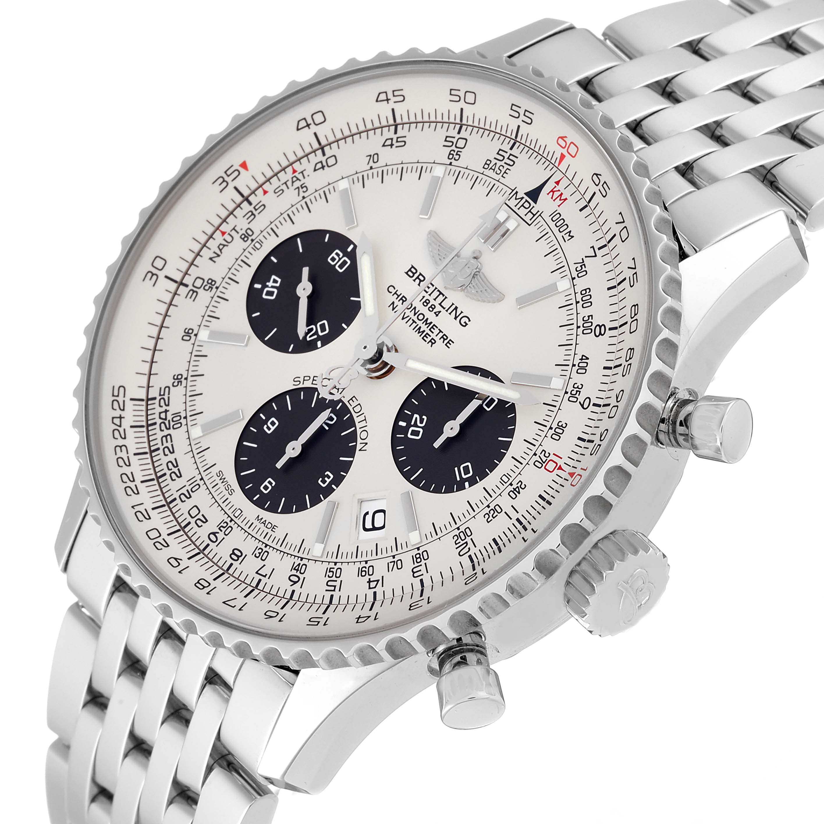 The image shows a close-up of the Breitling Navitimer AB012012/G826 Men's Stainless Steel Silver Dial AB012012/G826 Men's Stainless Steel Silver Dial watch face and stainless steel bracelet at a slight angle from above.