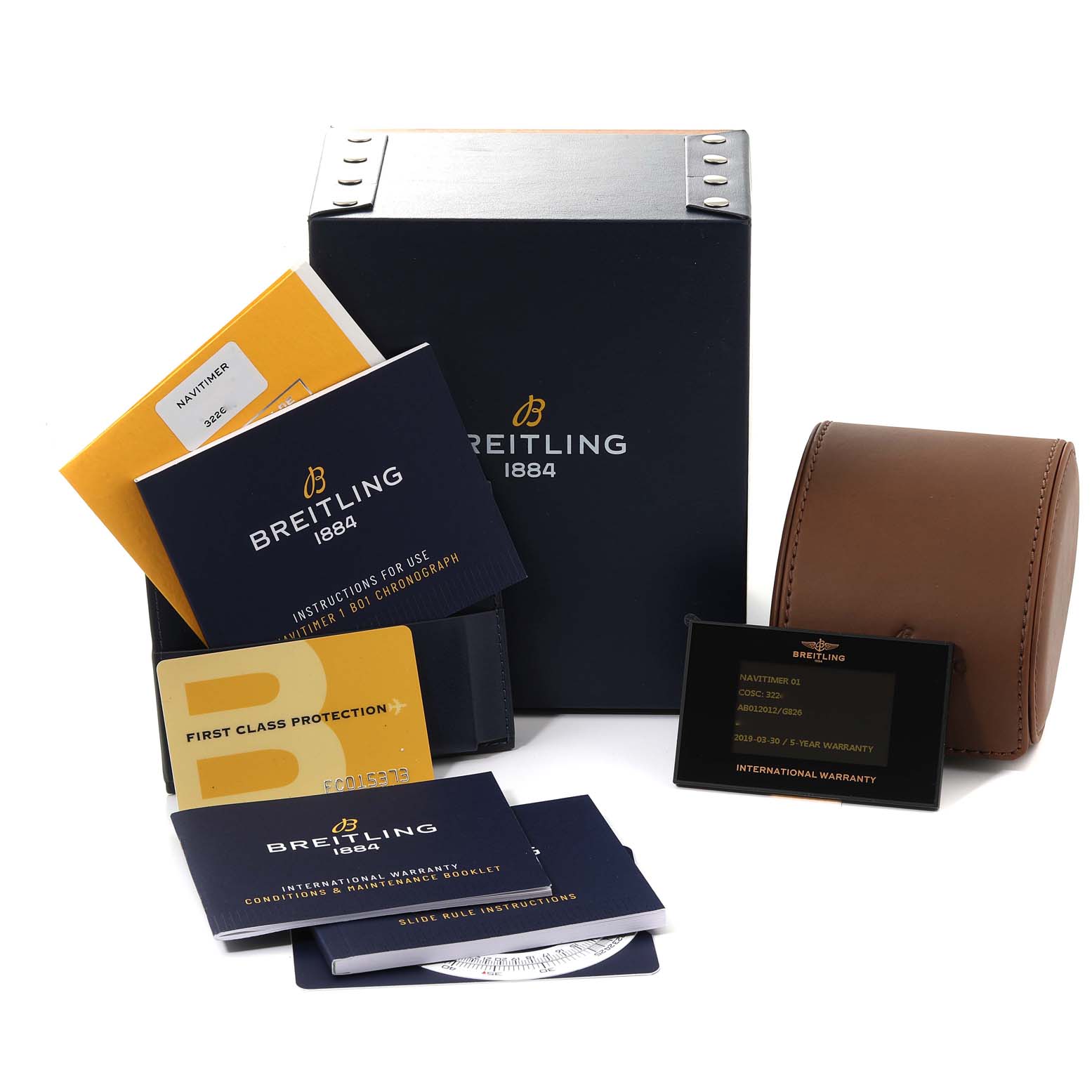 The image shows the packaging, instruction booklets, warranty card, and a travel case for the Breitling Navitimer AB012012/G826 Men's Stainless Steel Silver Dial AB012012/G826 Men's Stainless Steel Silver Dial watch model.