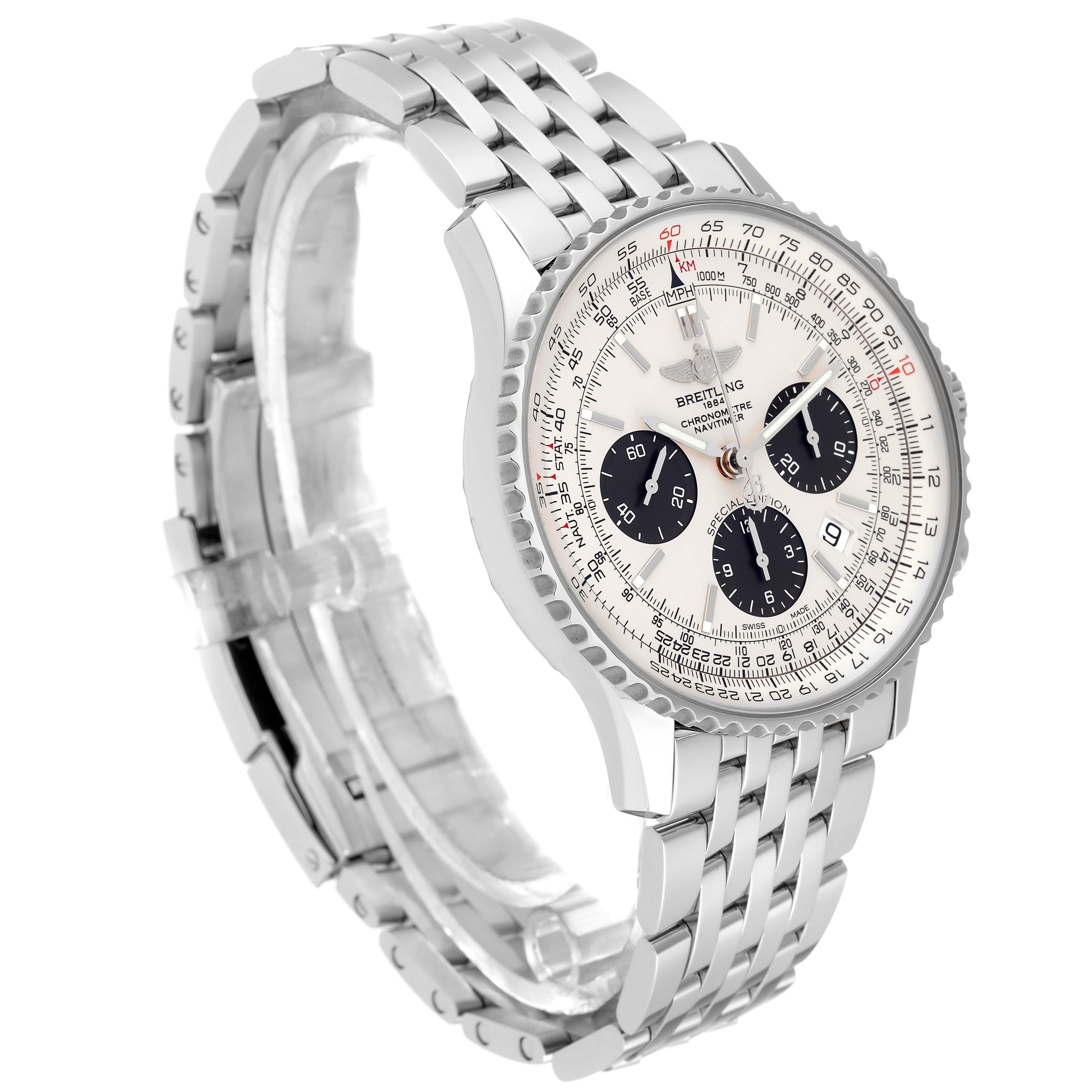 This image shows a Breitling Navitimer AB012012/G826 Men's Stainless Steel Silver Dial AB012012/G826 Men's Stainless Steel Silver Dial watch at a three-quarter angle, highlighting the face, bracelet, and bezel.