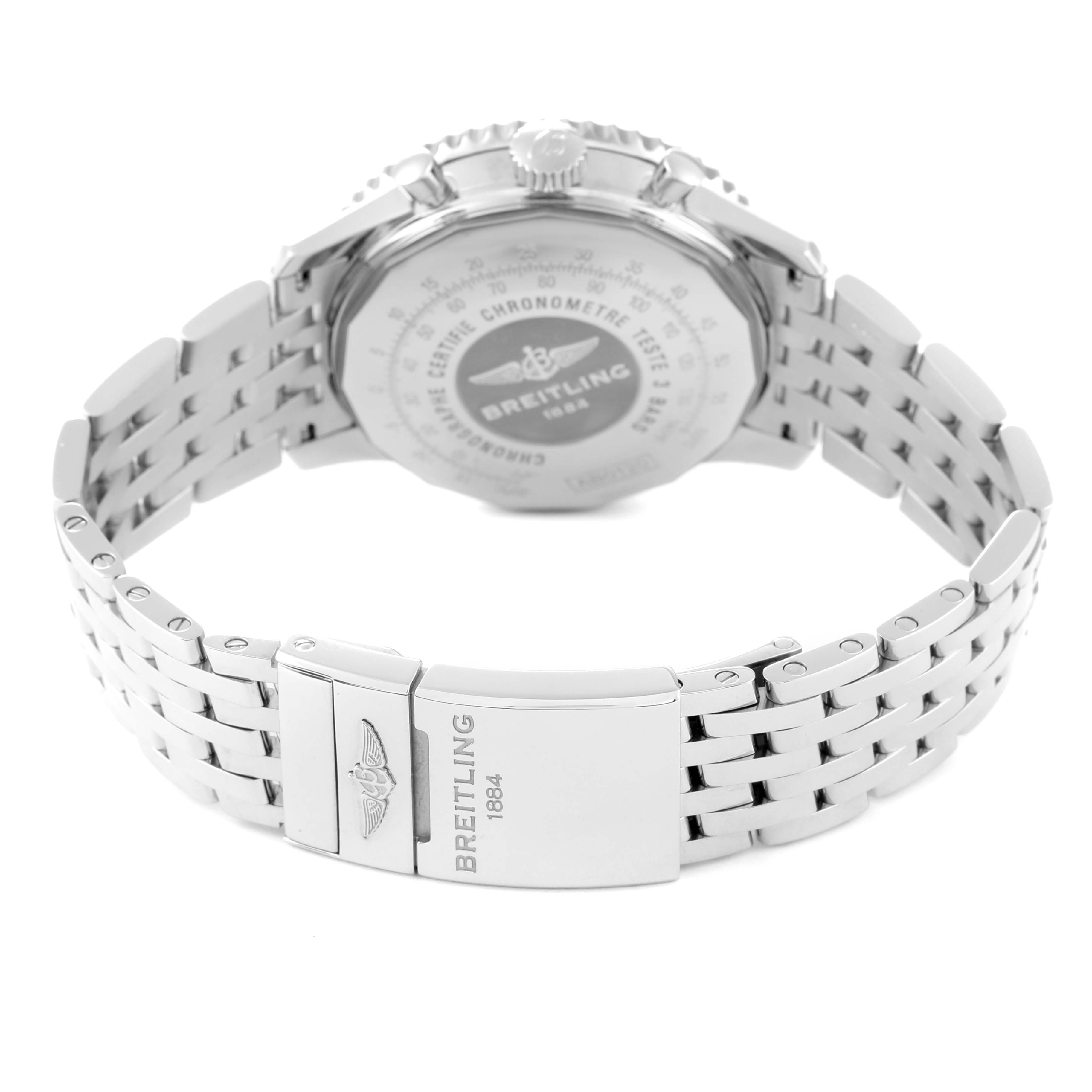 The image shows the back view of a Breitling Navitimer AB012012/G826 Men's Stainless Steel Silver Dial AB012012/G826 Men's Stainless Steel Silver Dial watch, highlighting the clasp and part of the metal bracelet.