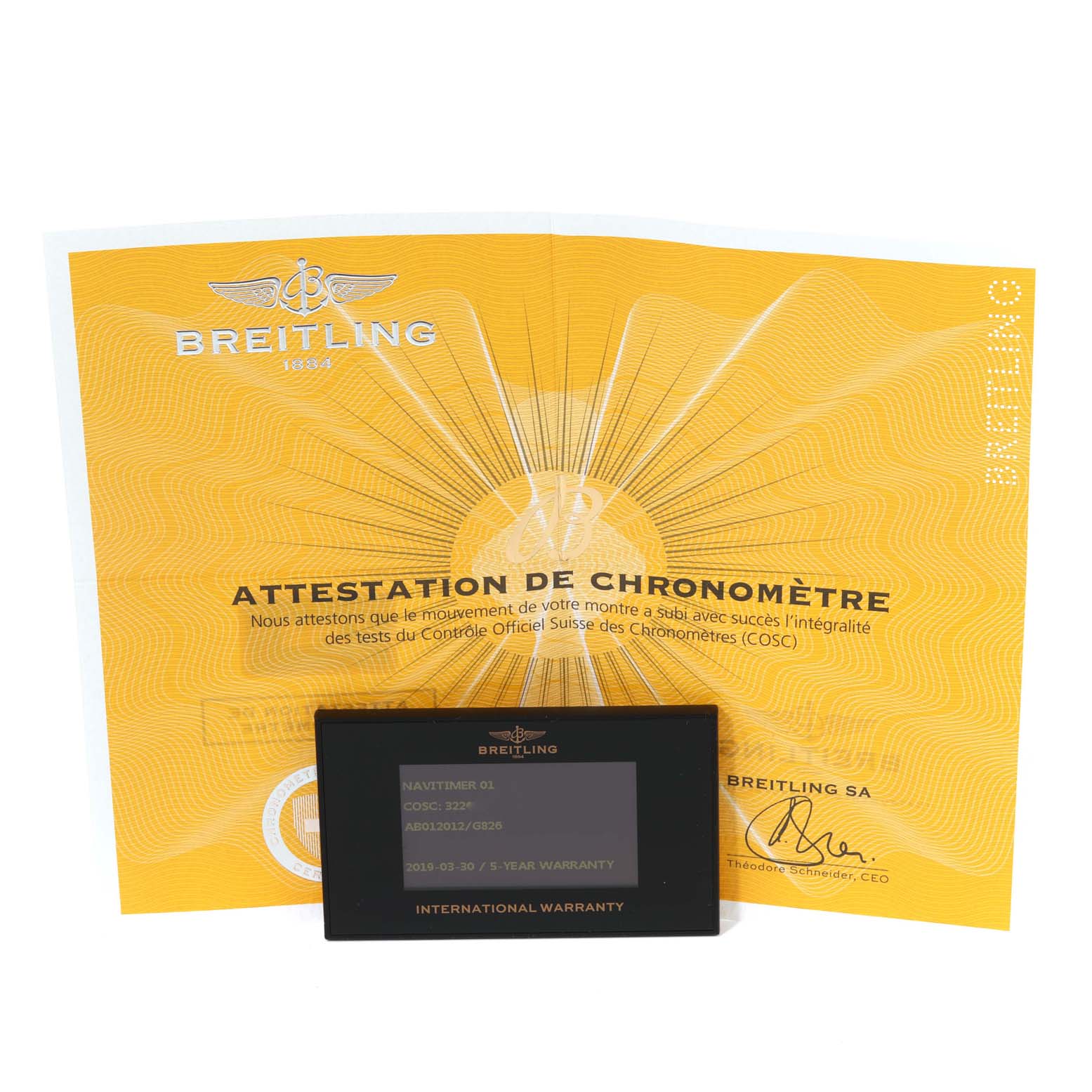 The image shows the warranty card and chronometer certificate for the Breitling Navitimer AB012012/G826 Men's Stainless Steel Silver Dial AB012012/G826 Men's Stainless Steel Silver Dial model.