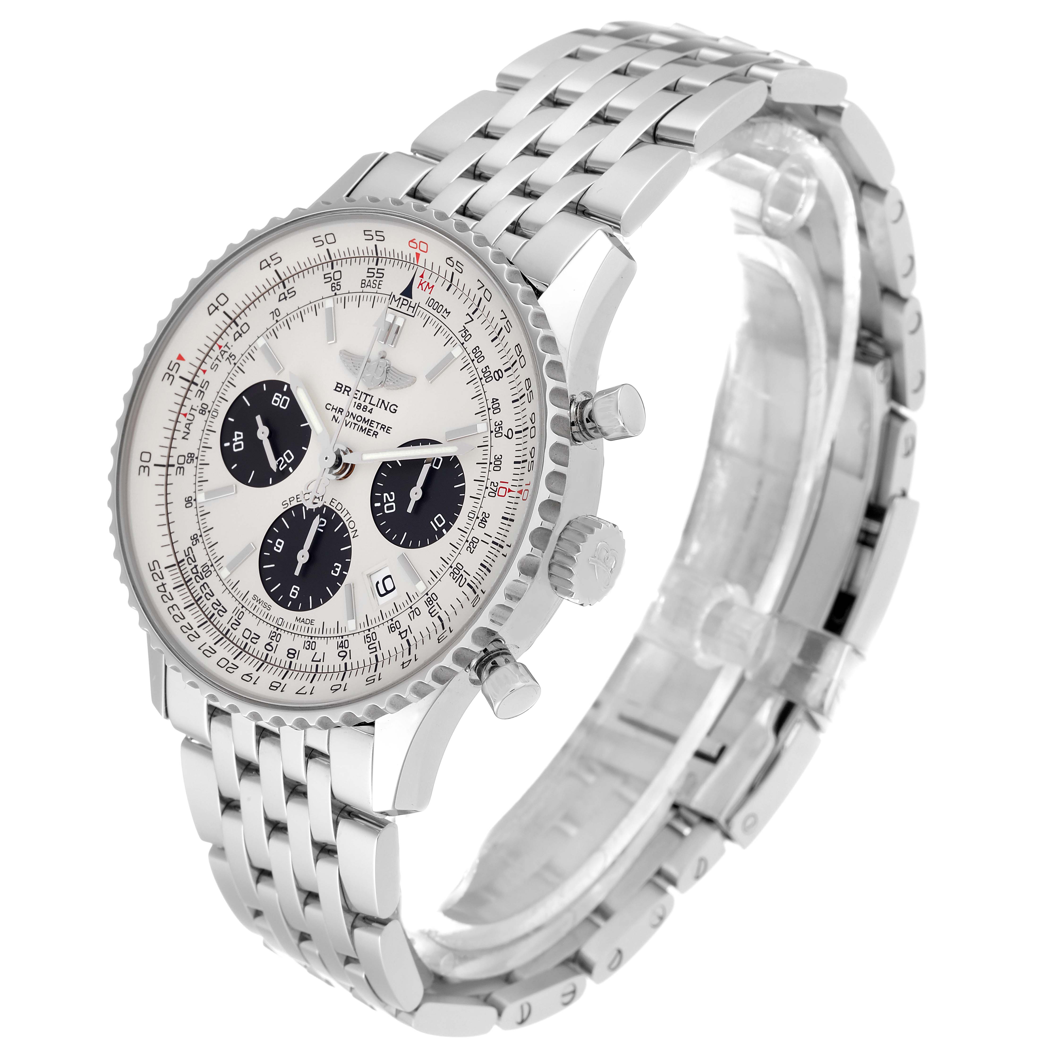 The image shows a Breitling Navitimer AB012012/G826 Men's Stainless Steel Silver Dial AB012012/G826 Men's Stainless Steel Silver Dial watch from a three-quarter angle, displaying its strap, crown, pushers, and dial.