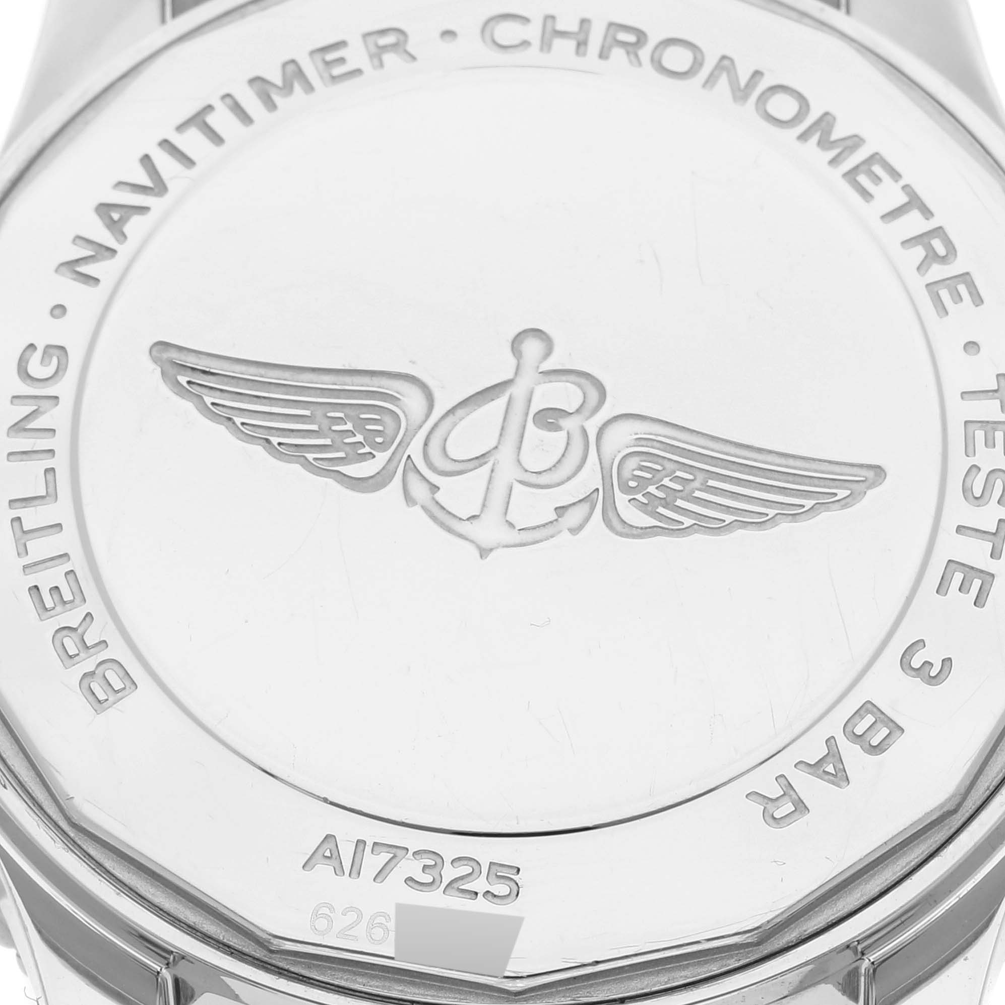 The image shows the back case of a Breitling Navitimer A17325 Men's Stainless Steel Black Dial A17325 Men's Stainless Steel Black Dial watch, highlighting branding and model details.