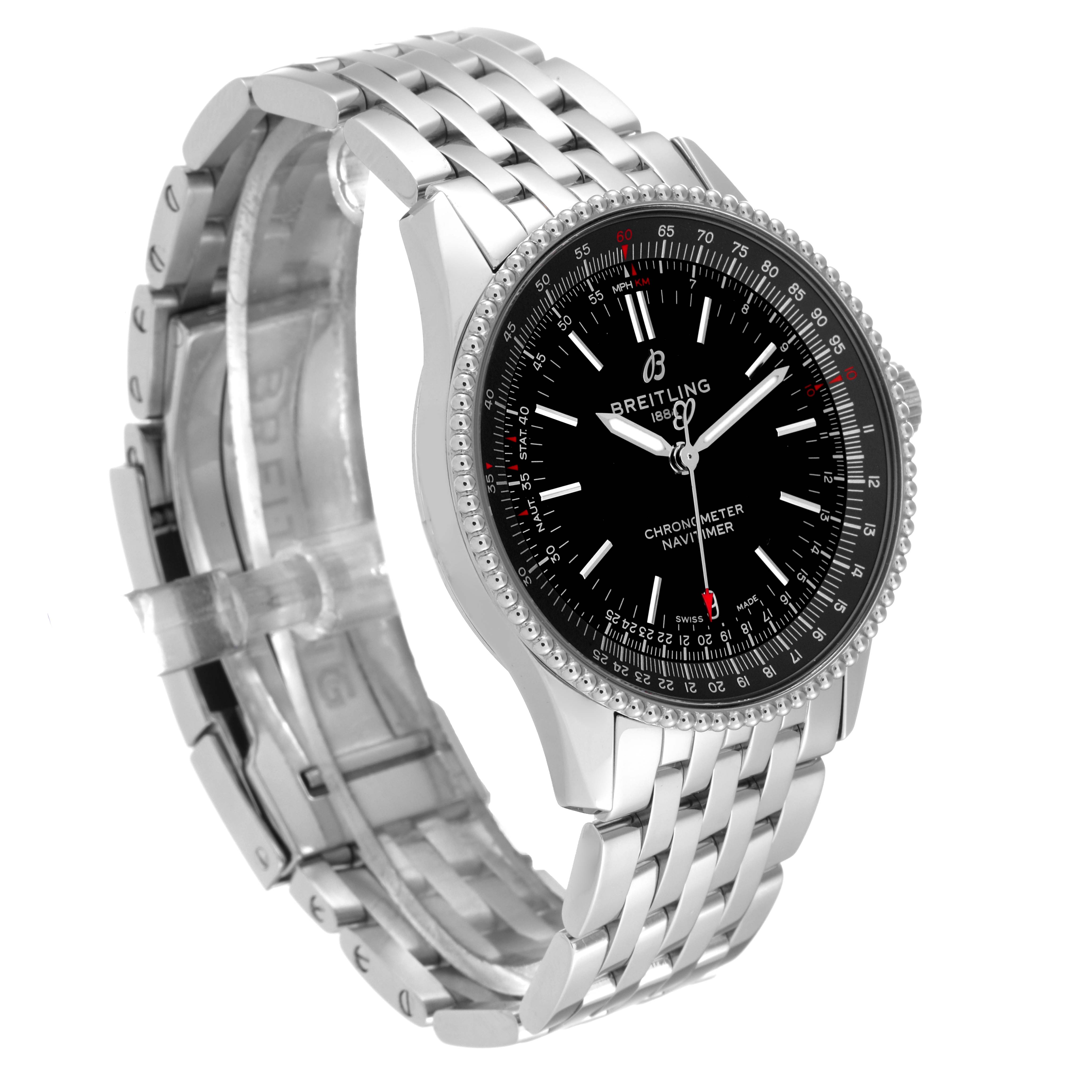 This image displays a Breitling Navitimer A17325 Men's Stainless Steel Black Dial A17325 Men's Stainless Steel Black Dial watch at a slight angle, showcasing its face, bezel, and metal bracelet.
