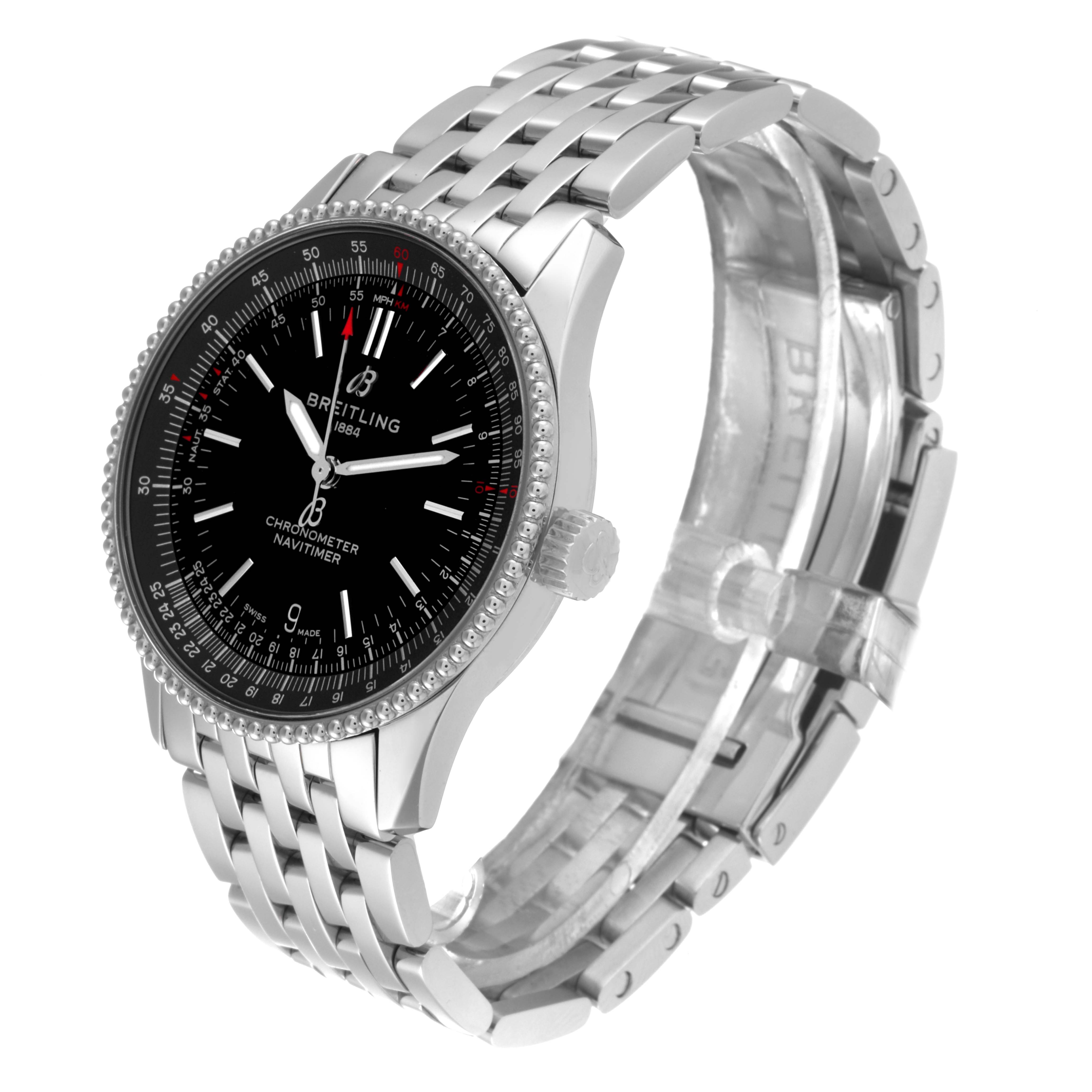 This image shows the Breitling Navitimer A17325 Men's Stainless Steel Black Dial A17325 Men's Stainless Steel Black Dial watch at an angled view, highlighting the dial, bezel, crown, and stainless steel bracelet.