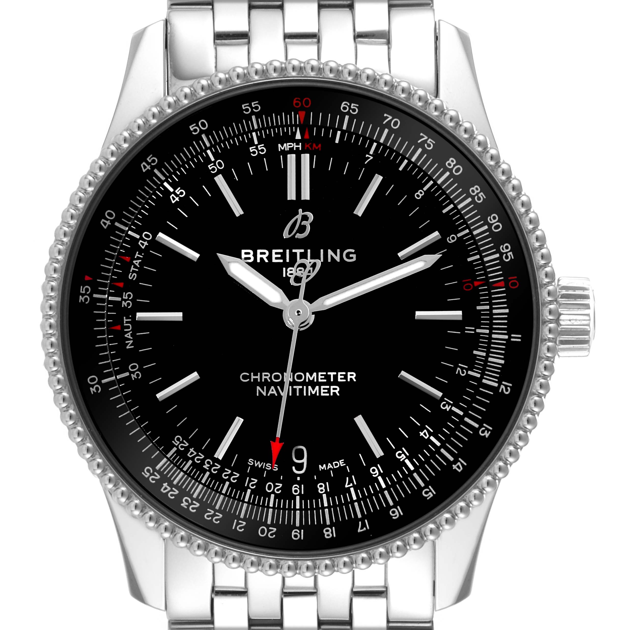 The Breitling Navitimer A17325 Men's Stainless Steel Black Dial A17325 Men's Stainless Steel Black Dial watch is shown from the front, highlighting the black dial, bezel, crown, and part of the metal bracelet.