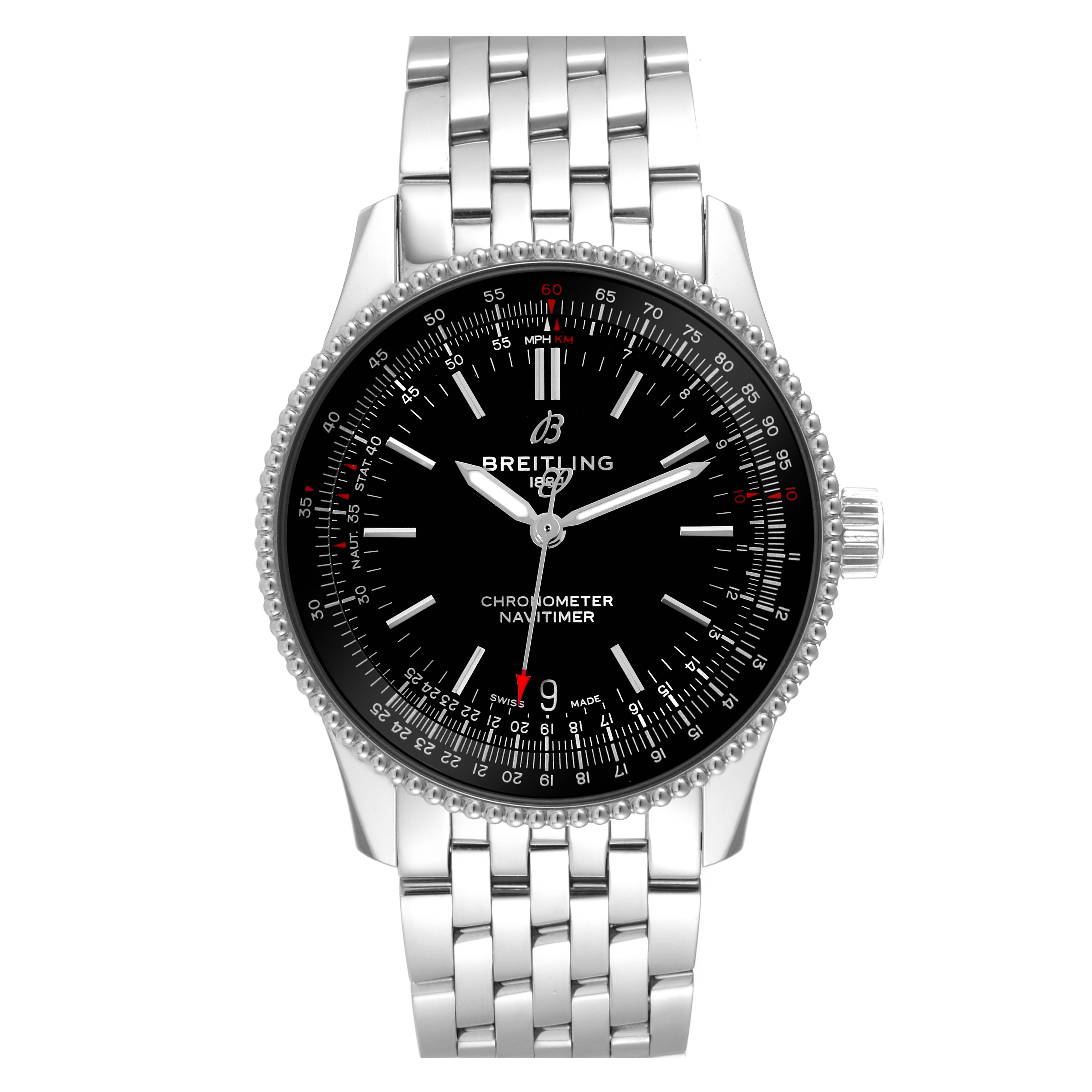 The image shows a front view of the Breitling Navitimer A17325 Men's Stainless Steel Black Dial A17325 Men's Stainless Steel Black Dial watch model with a linked metal bracelet.
