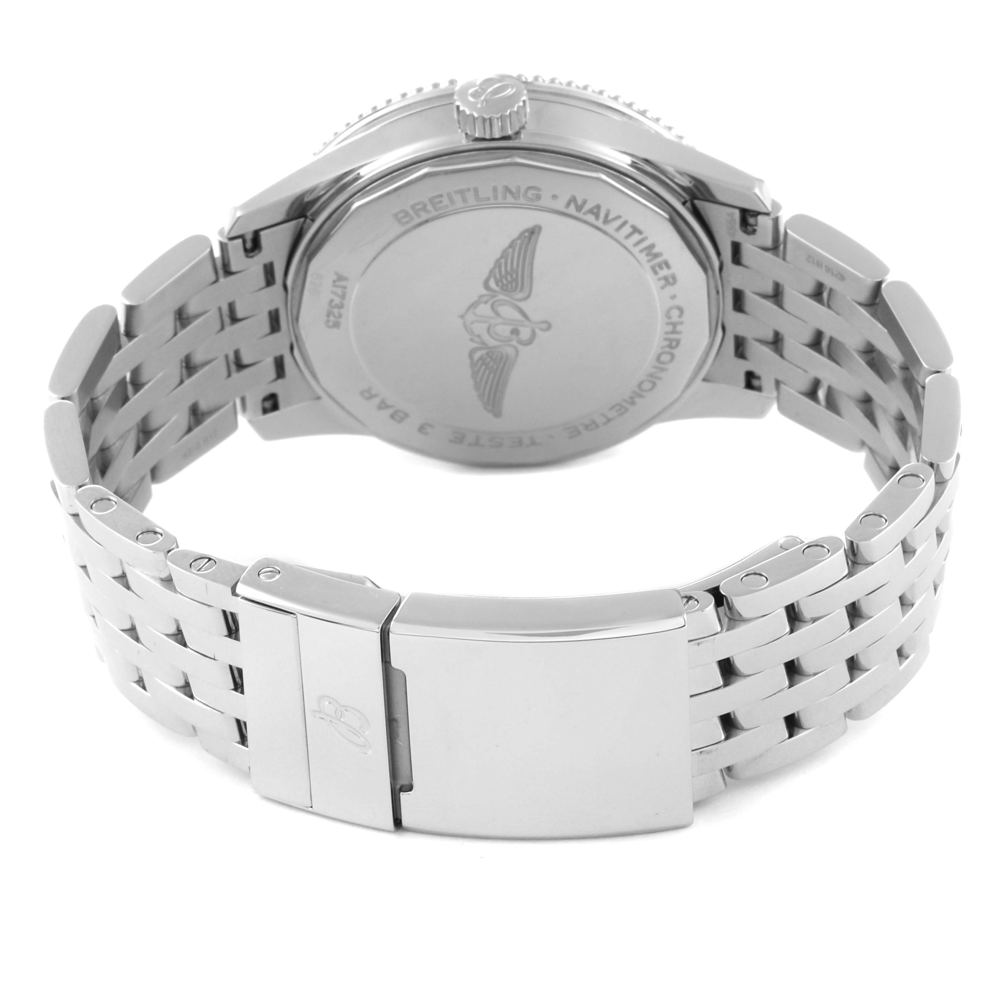 The image shows the back view of the Breitling Navitimer A17325 Men's Stainless Steel Black Dial A17325 Men's Stainless Steel Black Dial watch, highlighting the case back and the metal bracelet with the clasp.