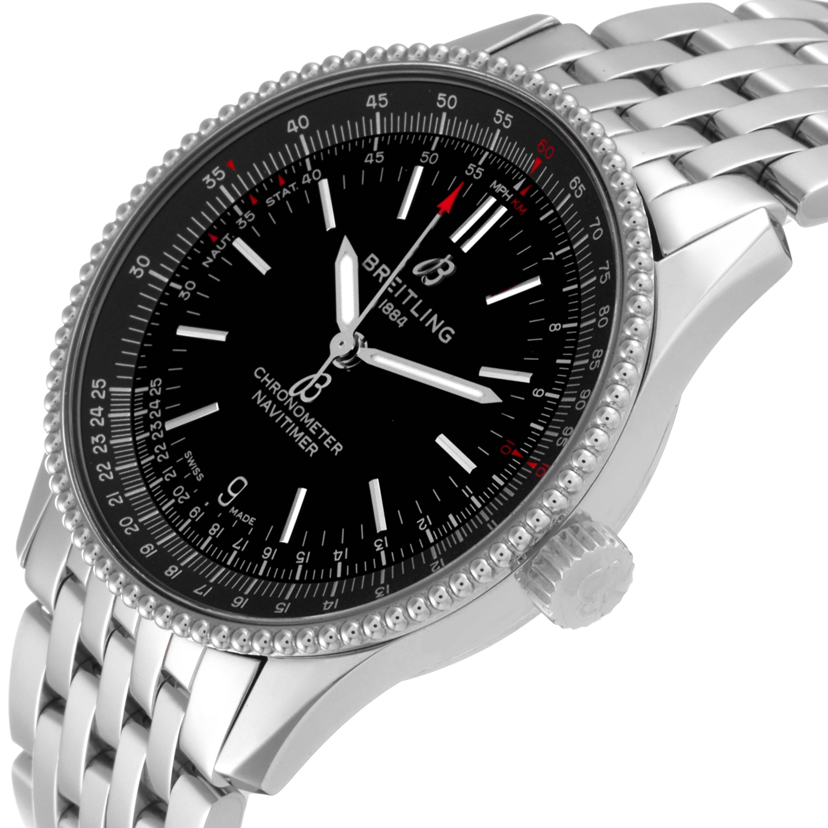 The image shows a Breitling Navitimer A17325 Men's Stainless Steel Black Dial A17325 Men's Stainless Steel Black Dial watch at an angled side view, highlighting its black dial, bezel, crown, and metal bracelet.