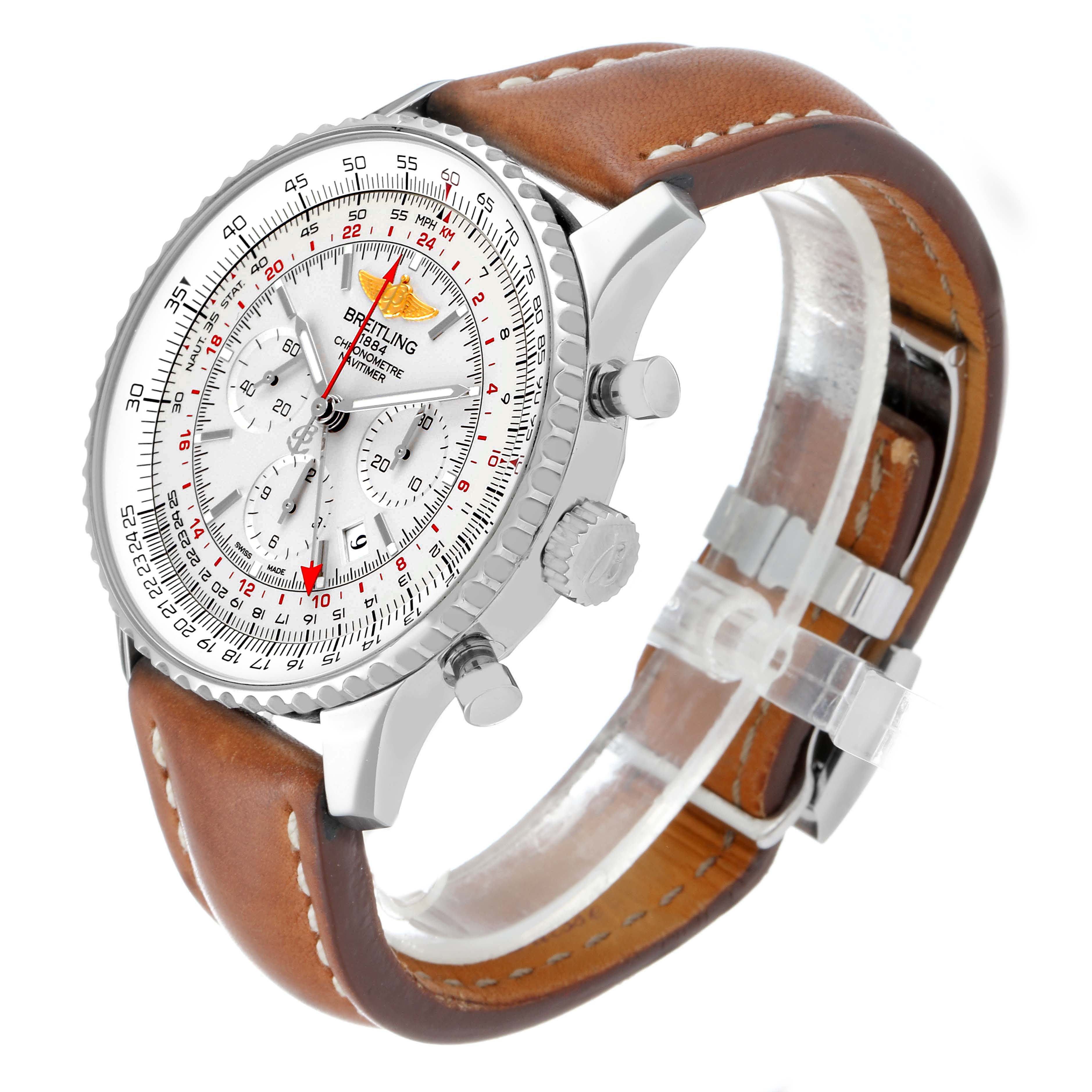 The image shows a side angle of a Breitling Navitimer AB044121-G783-453A Men's Stainless Steel Silver Dial AB044121-G783-453A Men's Stainless Steel Silver Dial watch, highlighting the bezel, crown, pushers, and leather strap.