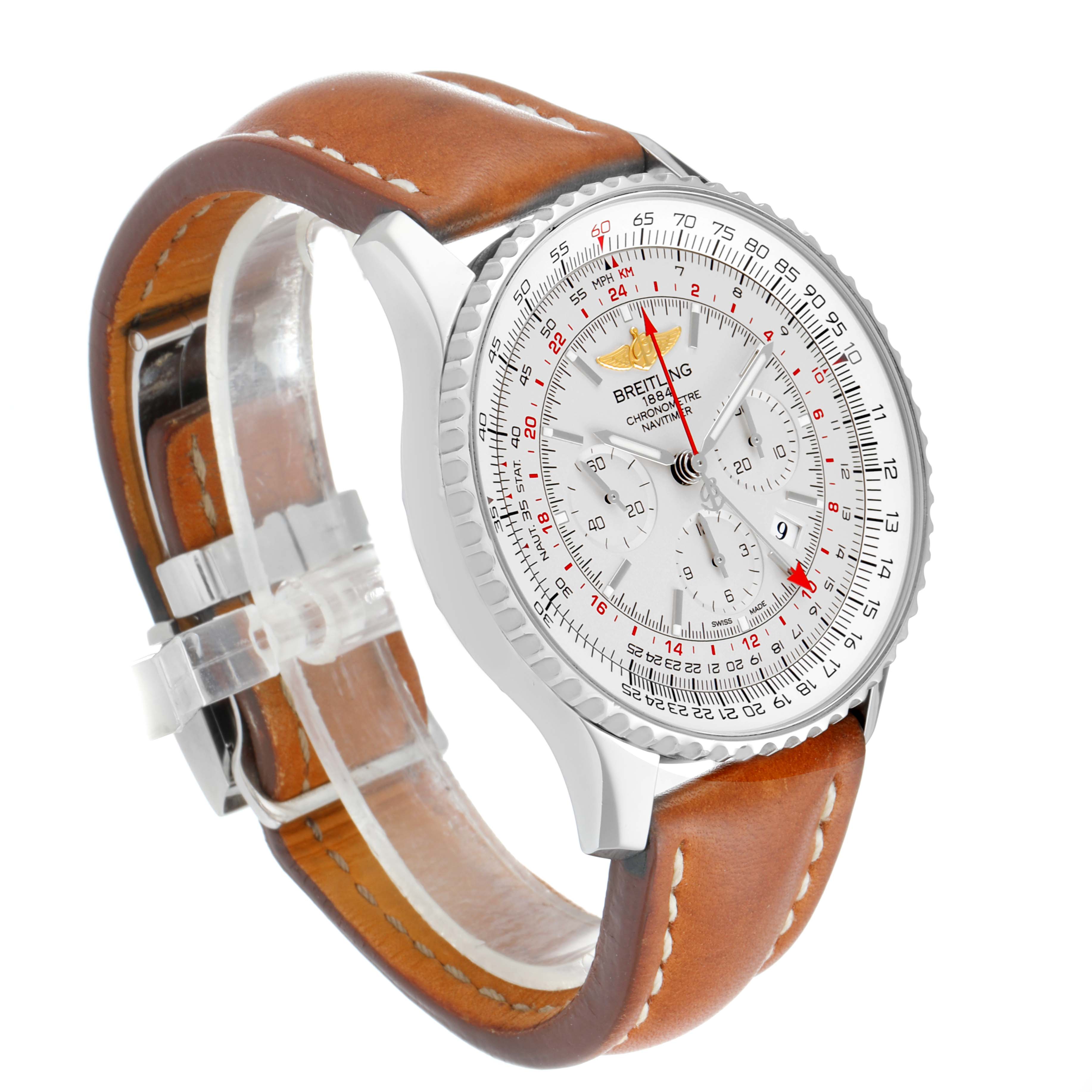 The Breitling Navitimer AB044121-G783-453A Men's Stainless Steel Silver Dial AB044121-G783-453A Men's Stainless Steel Silver Dial watch is shown at an angle highlighting the face, case, and brown leather strap.