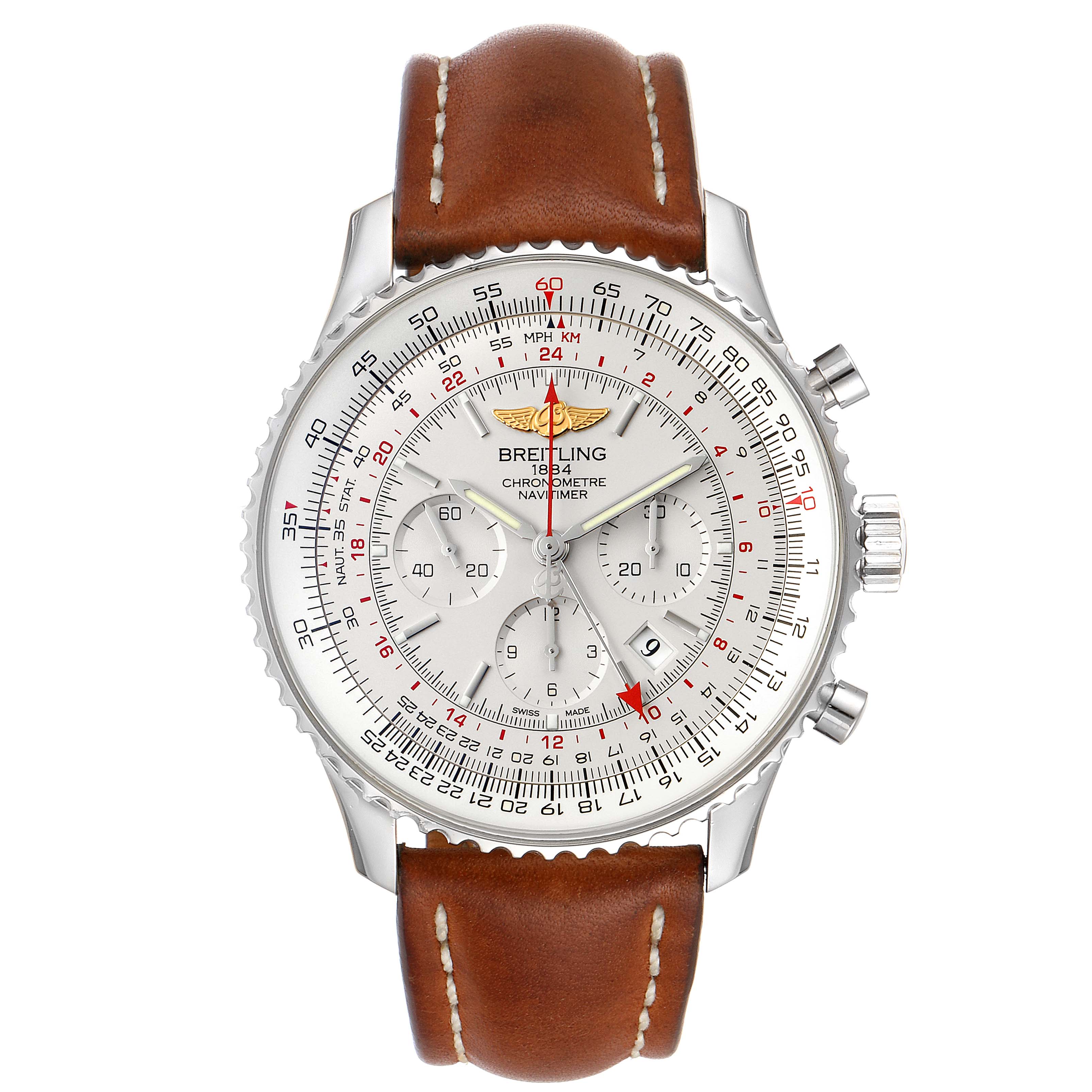 The Breitling Navitimer AB044121-G783-453A Men's Stainless Steel Silver Dial AB044121-G783-453A Men's Stainless Steel Silver Dial watch is shown from a top-down angle, displaying its face, dial, bezel, and brown leather strap.