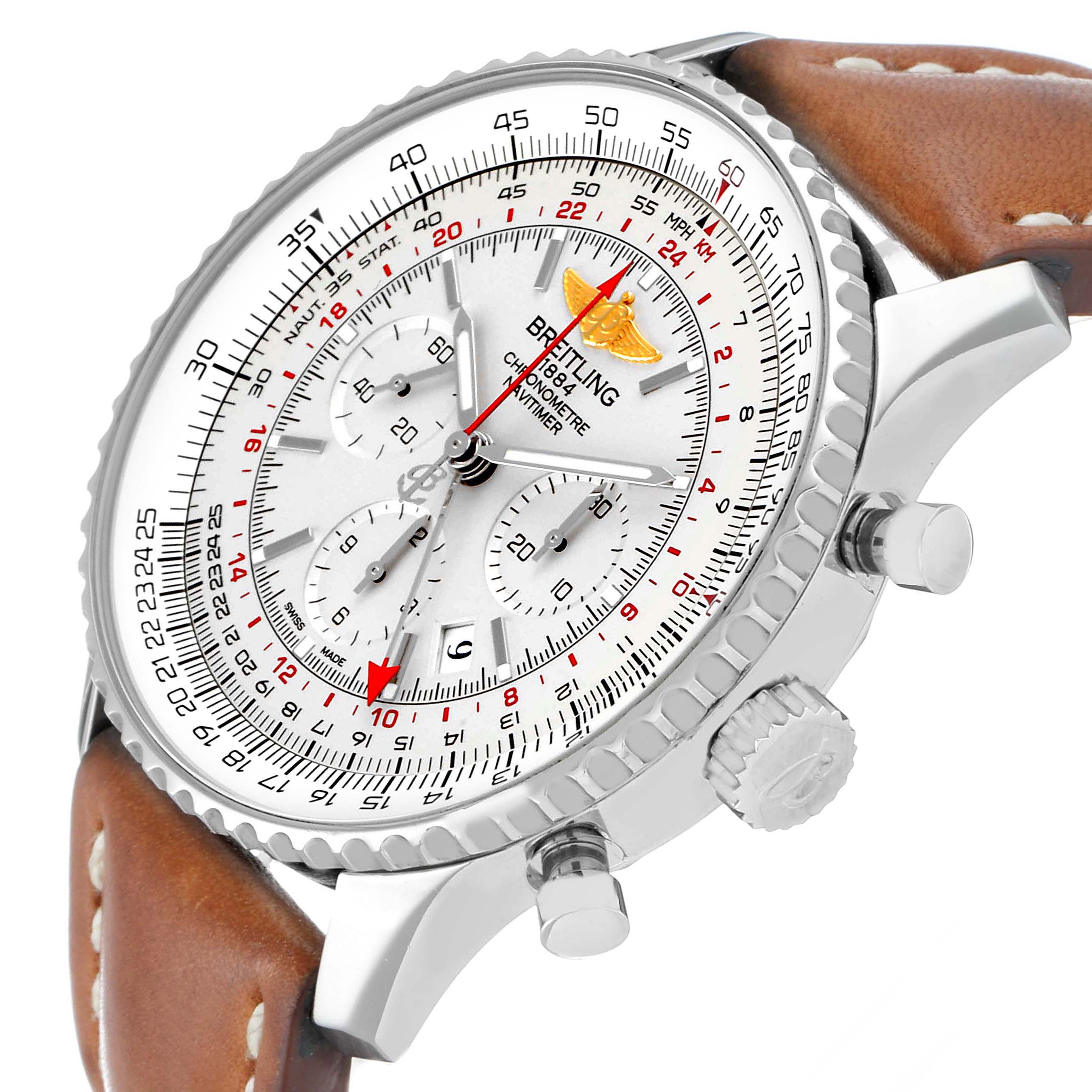 The Breitling Navitimer AB044121-G783-453A Men's Stainless Steel Silver Dial AB044121-G783-453A Men's Stainless Steel Silver Dial watch is shown from a slightly tilted front angle, highlighting its face, bezel, and leather strap.