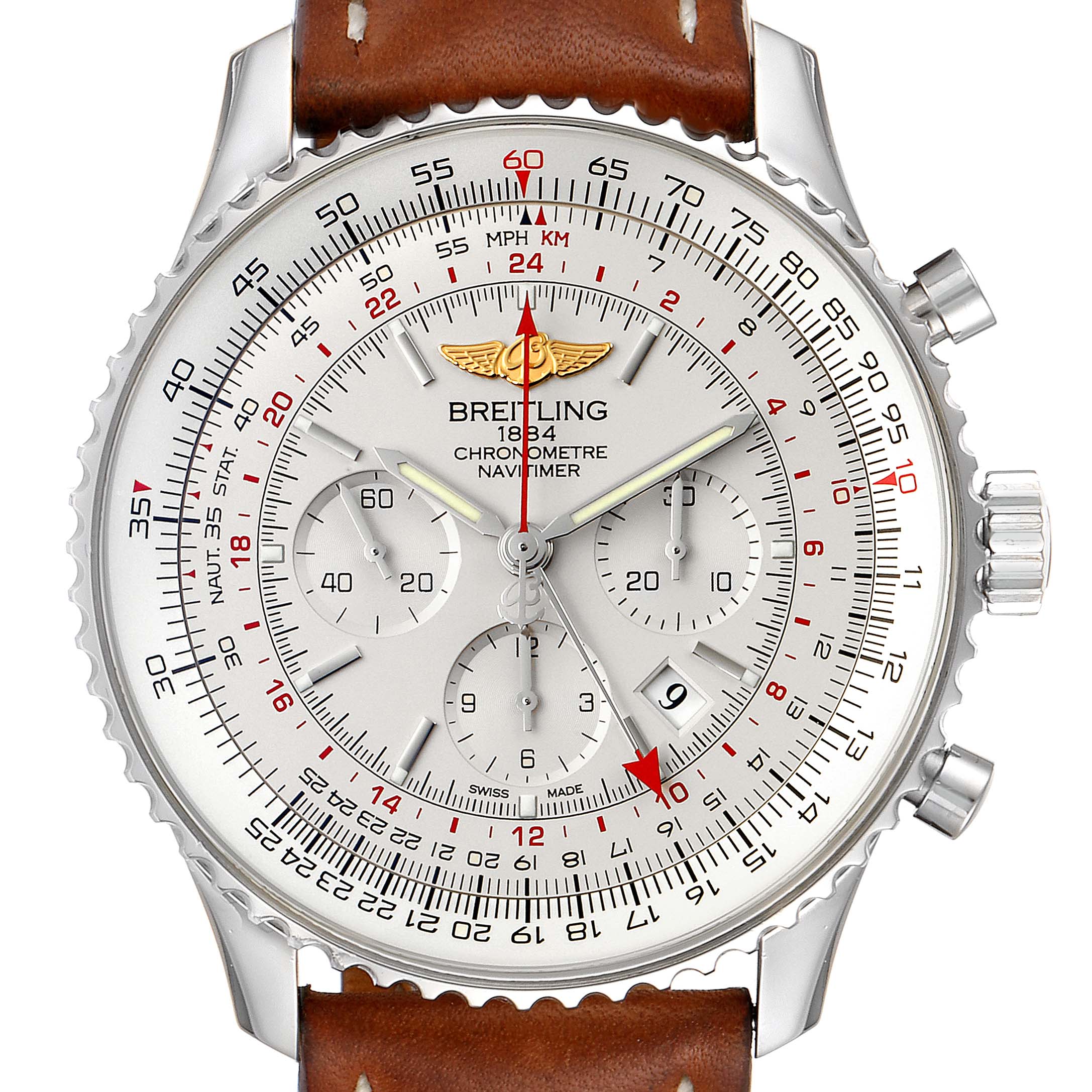 The Breitling Navitimer AB044121-G783-453A Men's Stainless Steel Silver Dial AB044121-G783-453A Men's Stainless Steel Silver Dial watch is shown from a front angle, displaying the dial, bezel, crown, and chronograph subdials.