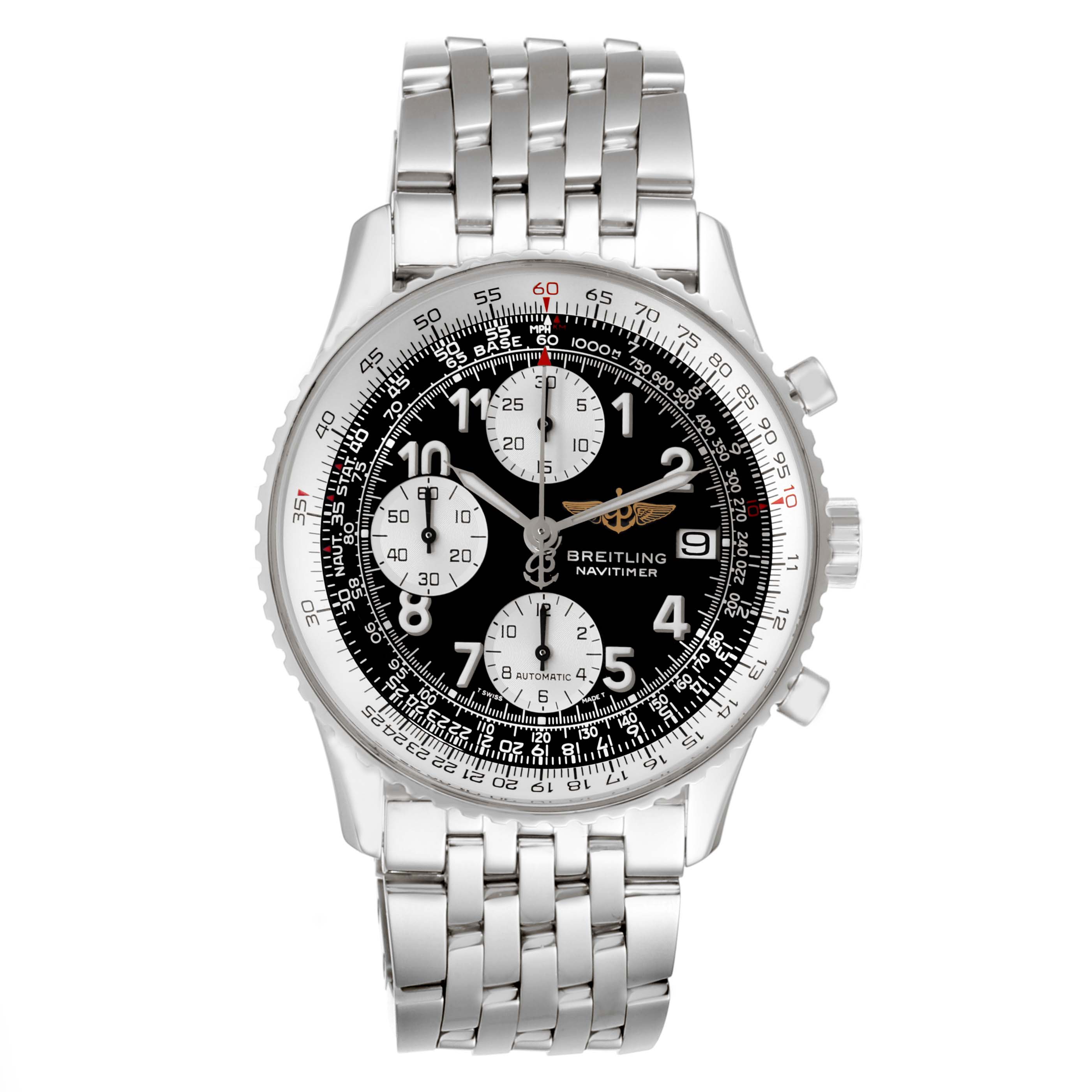 The Breitling Navitimer A13322 Men's Stainless Steel Black Dial A13322 Men's Stainless Steel Black Dial watch is shown from the front, displaying its dial, bezel, pushers, and stainless steel bracelet.