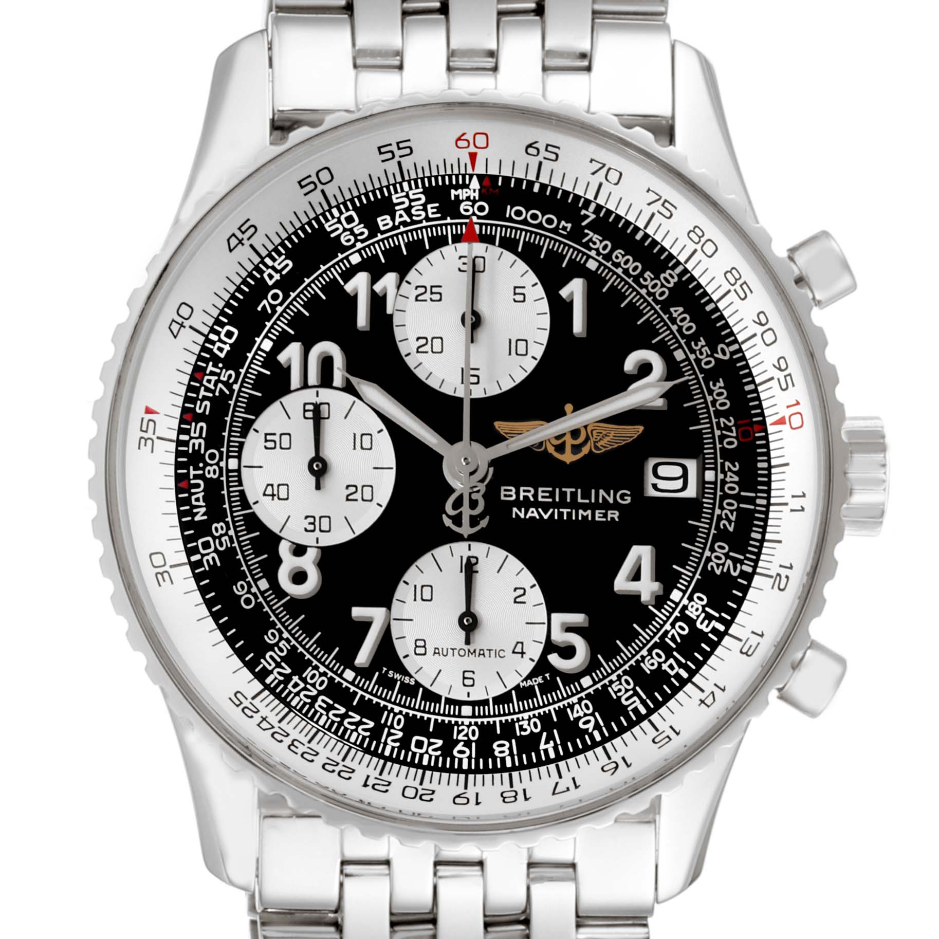 The close-up image shows the face and bezel of a Breitling Navitimer A13322 Men's Stainless Steel Black Dial A13322 Men's Stainless Steel Black Dial watch with its detailed dials and bracelet.
