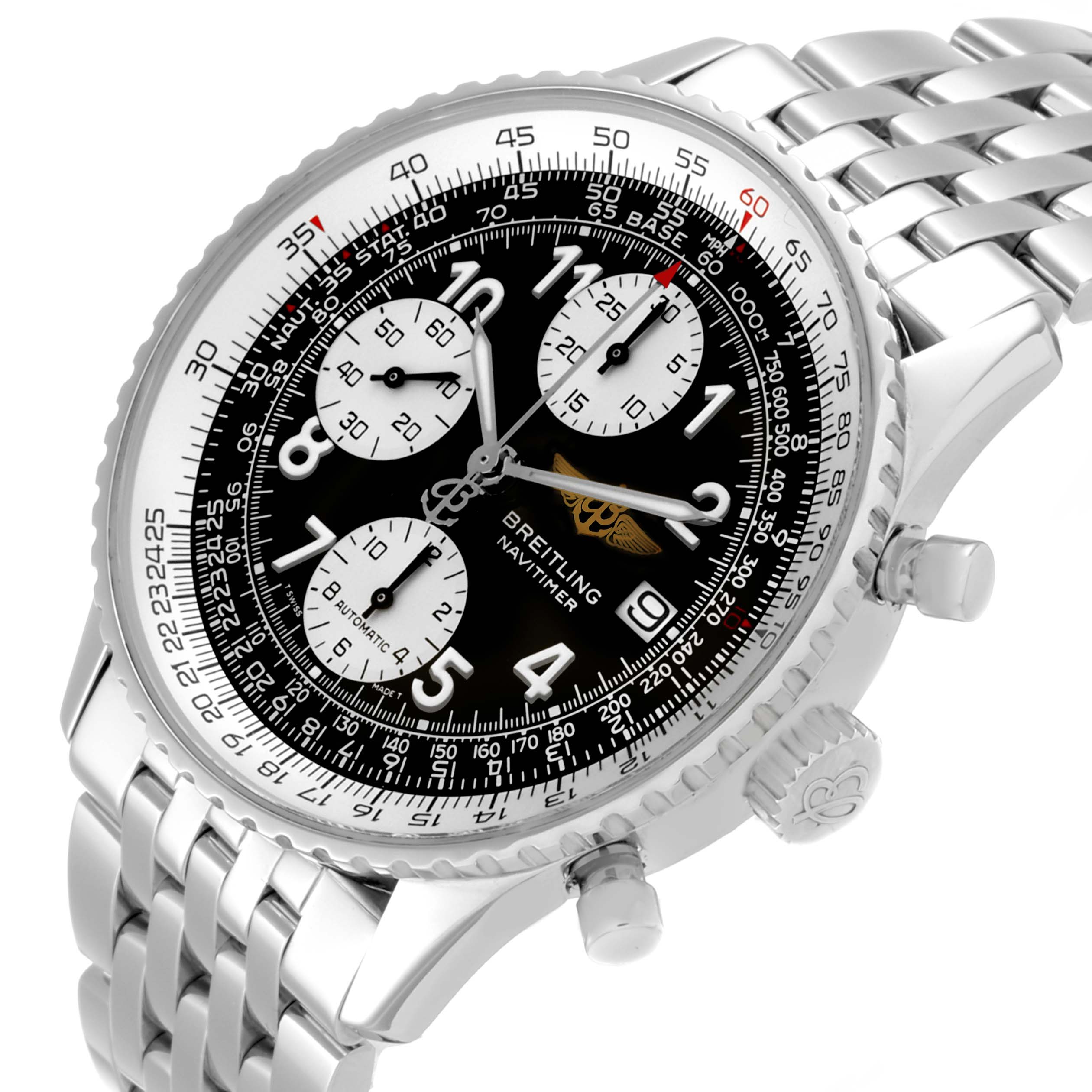The image shows a close-up, angled view of the Breitling Navitimer A13322 Men's Stainless Steel Black Dial A13322 Men's Stainless Steel Black Dial watch, highlighting its face, dial, and metal bracelet.