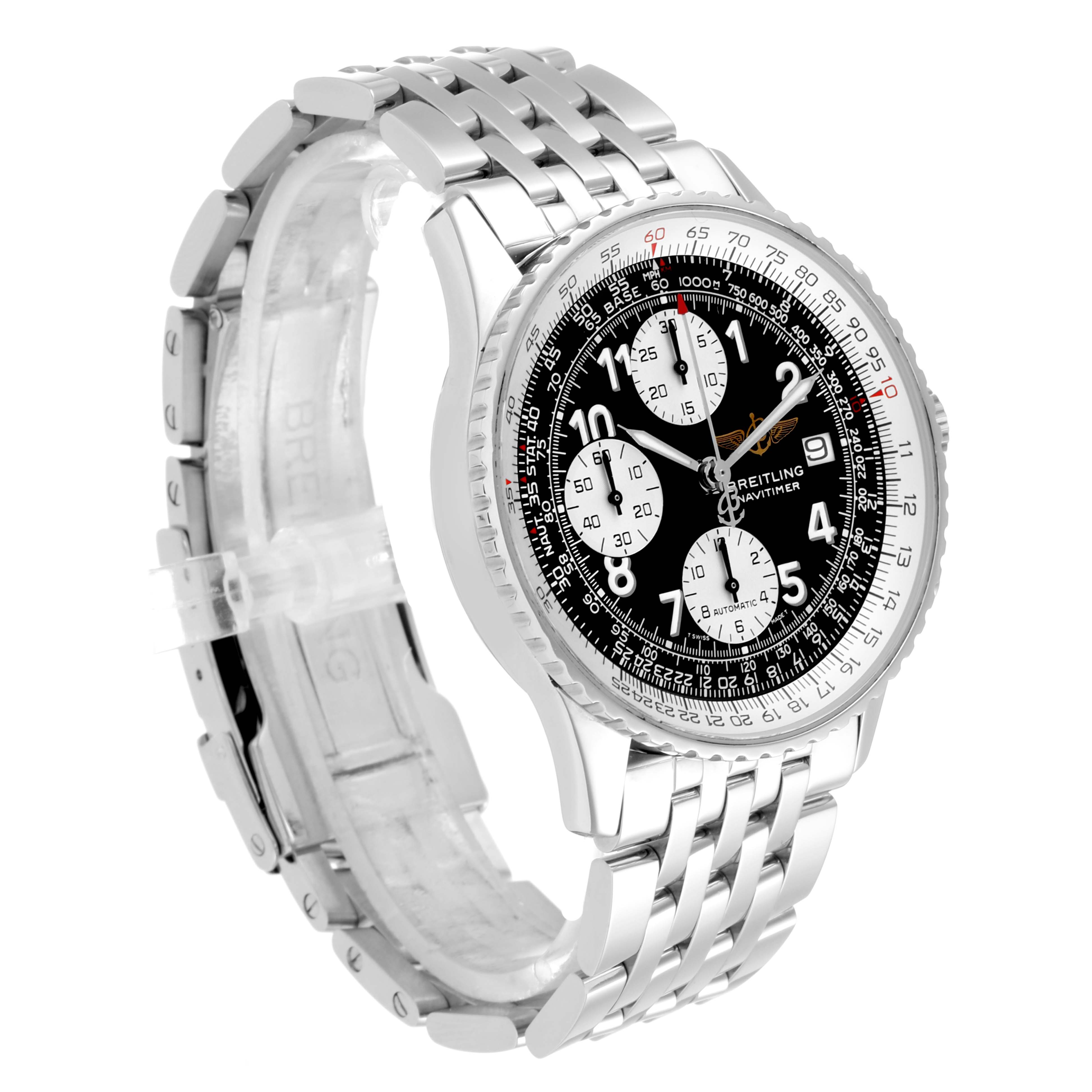 The Breitling Navitimer A13322 Men's Stainless Steel Black Dial A13322 Men's Stainless Steel Black Dial watch is shown at a three-quarter angle, highlighting the face, bezel, and stainless steel bracelet.
